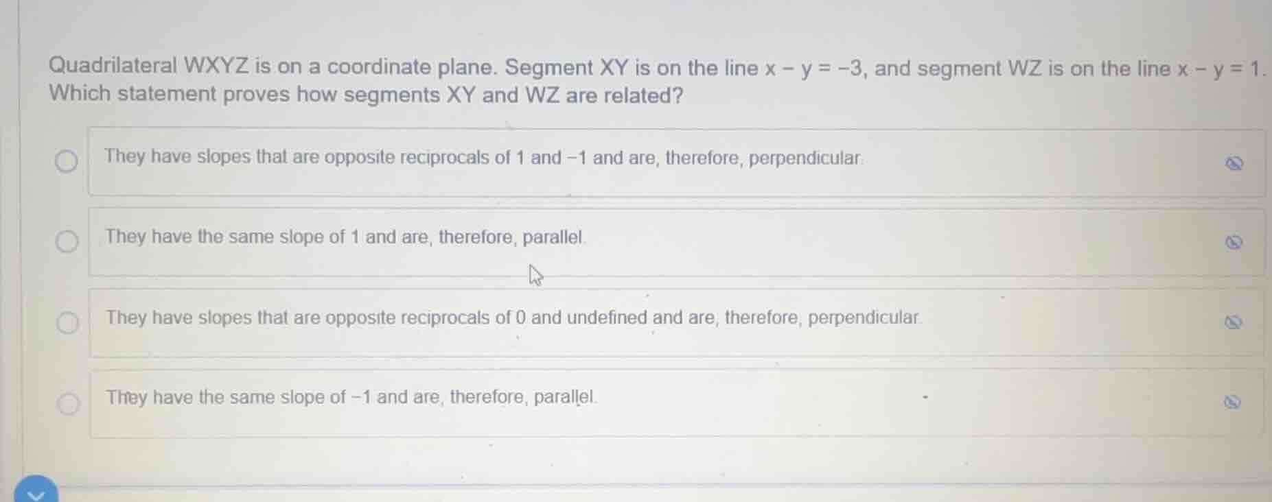 quadrilateral wxyz is on a coordinate plane. segment xy is on the line …