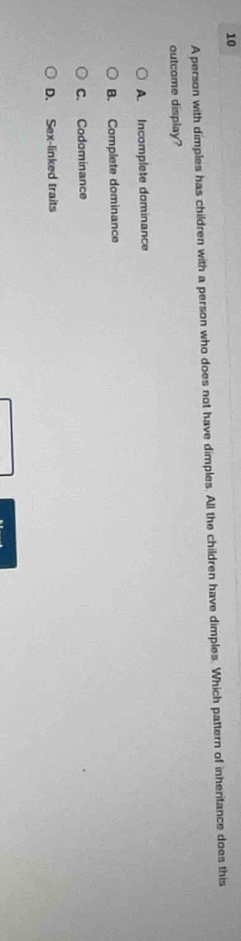 10 a person with dimples has children with a person who does not have d…