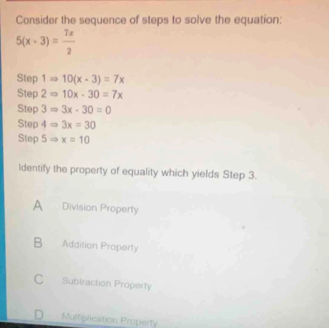 consider the sequence of steps to solve the equation: $5(x - 3) = \\fra…