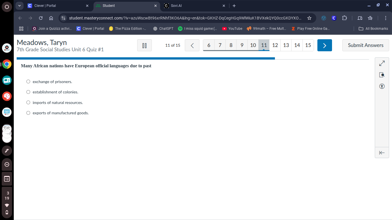 meadows, taryn 7th grade social studies unit 6 quiz #1 11 of 15 many af…