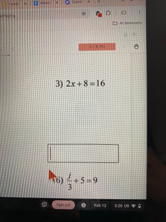 3) $2x + 8 = 16$ 6) $\frac{j}{3} + 5 = 9$