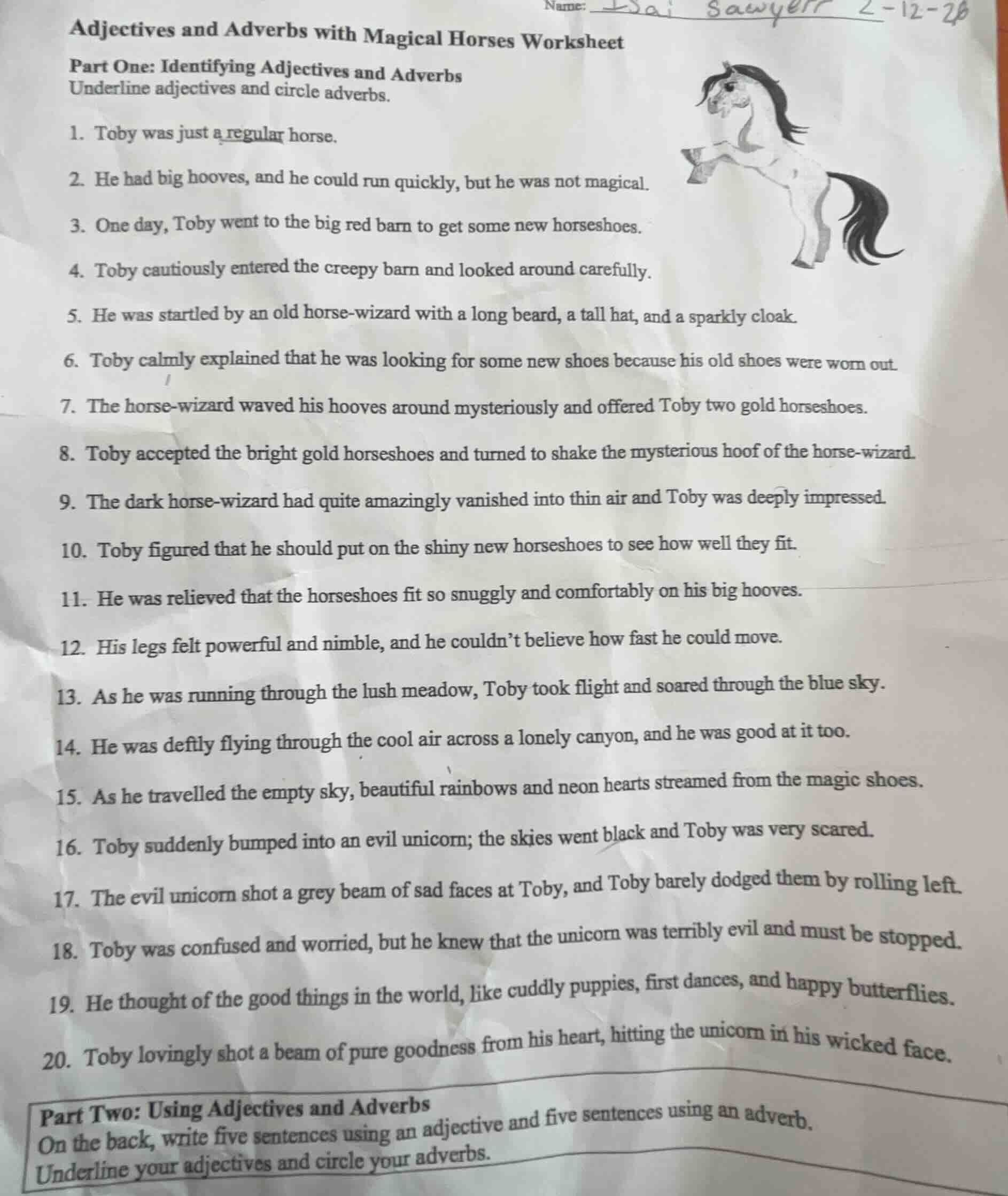 name: adjectives and adverbs with magical horses worksheetpart one: ide…