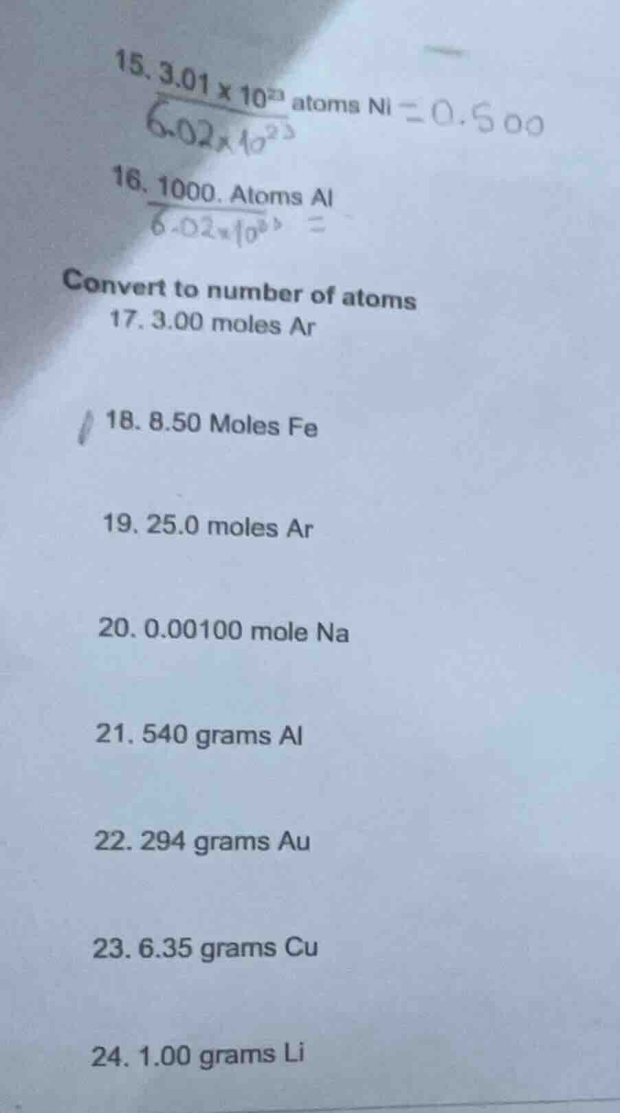 15. $\frac{3.01 \times 10^{23}}{6.02 \times 10^{23}}$ atoms ni = 0.500 …