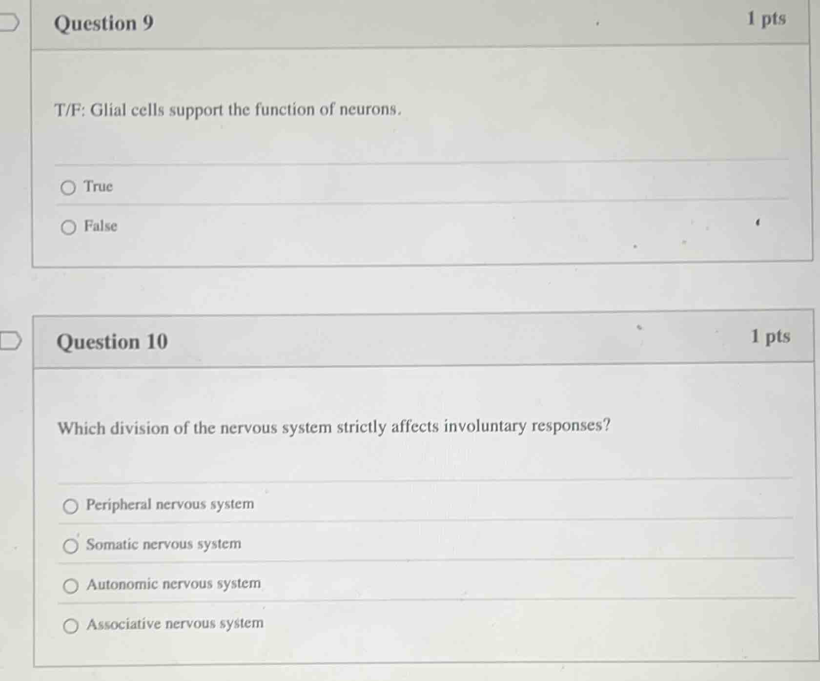 question 9 1 pts t/f: glial cells support the function of neurons. true…