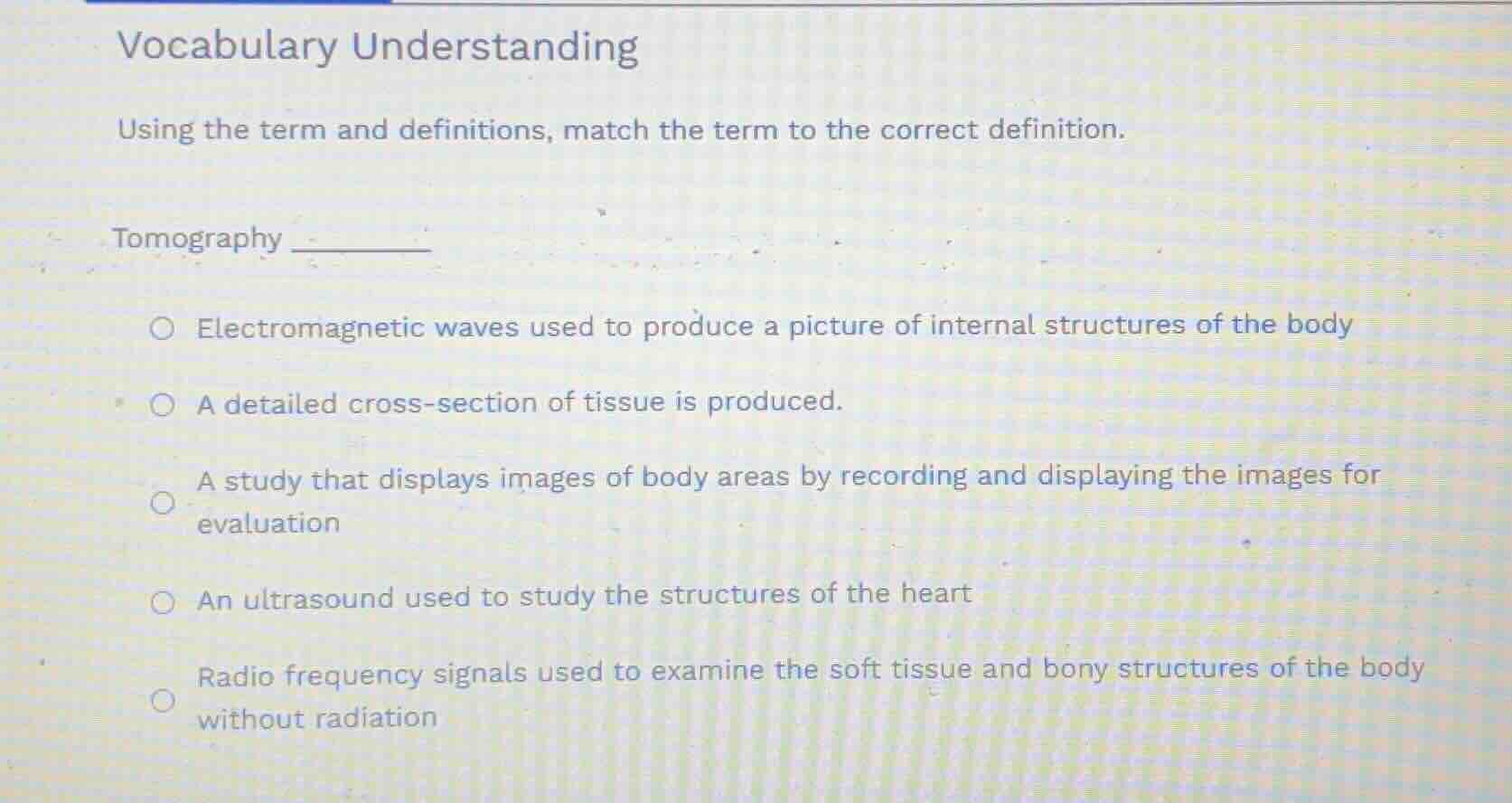 vocabulary understanding using the term and definitions, match the term…