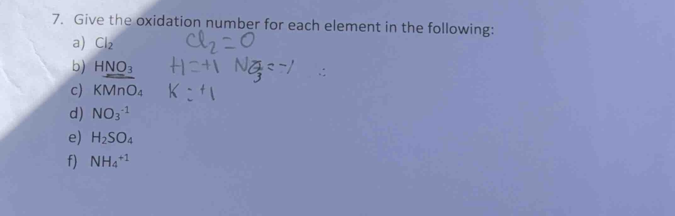 7. give the oxidation number for each element in the following: a) \\(\…