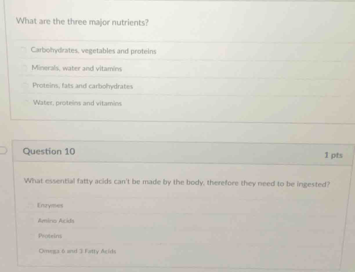 what are the three major nutrients? carbohydrates, vegetables and prote…