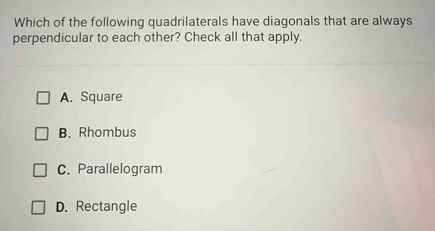 which of the following quadrilaterals have diagonals that are always pe…