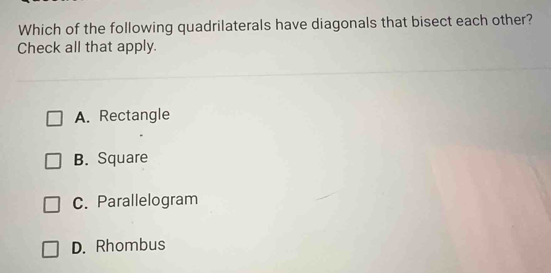 which of the following quadrilaterals have diagonals that bisect each o…