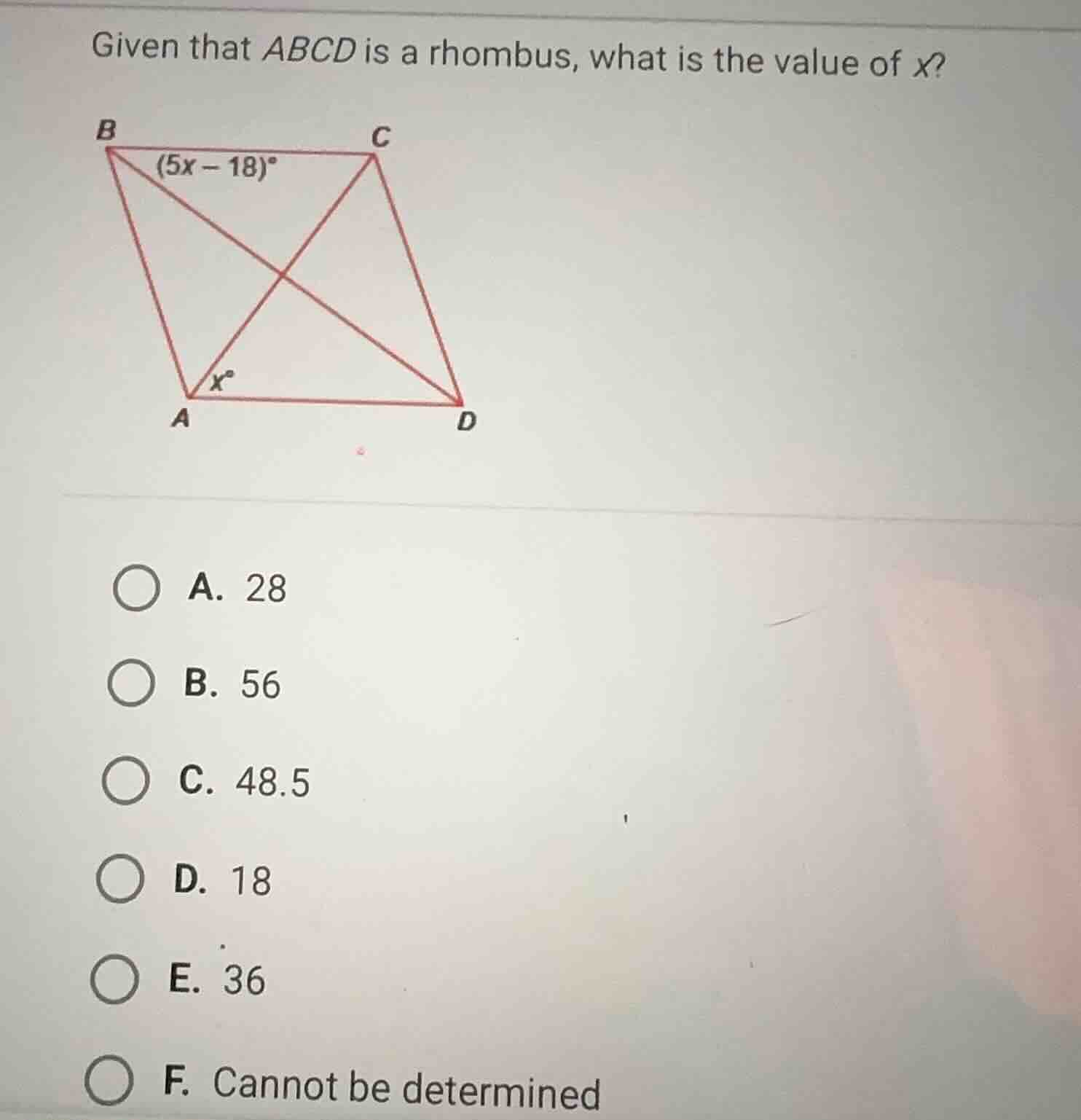 given that \\(abcd\\) is a rhombus, what is the value of \\(x\\)? a. 28…