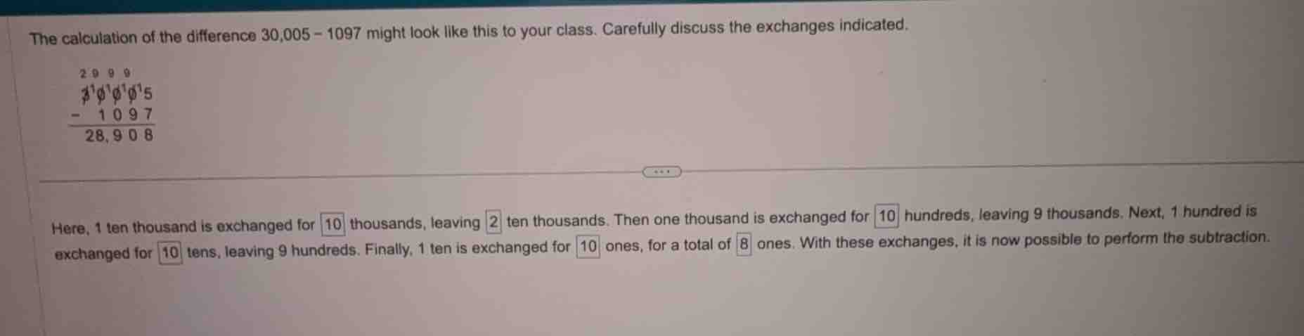 the calculation of the difference \\(30,005 - 1097\\) might look like t…