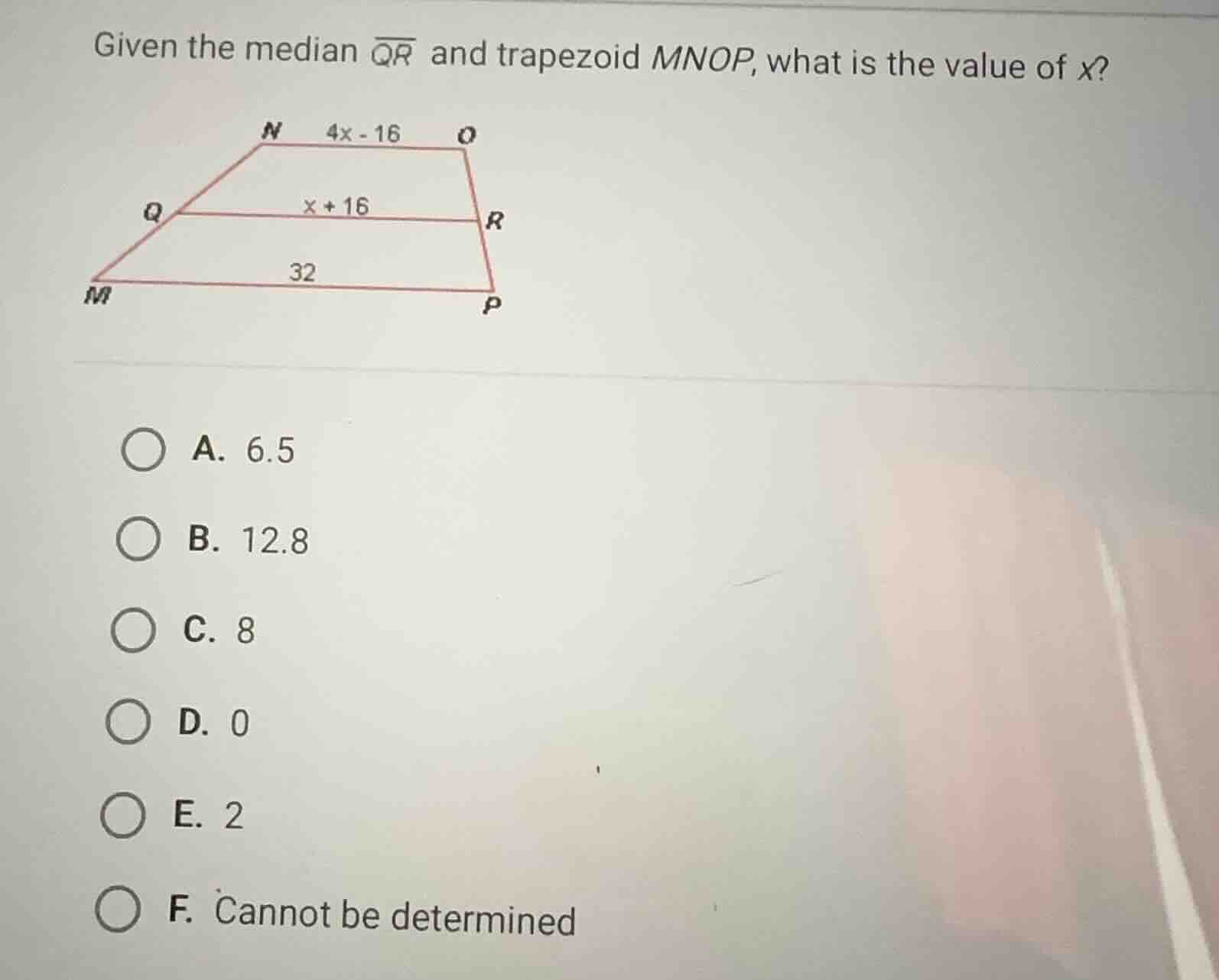 given the median \\(\\overline{qr}\\) and trapezoid \\(mnop\\), what is…