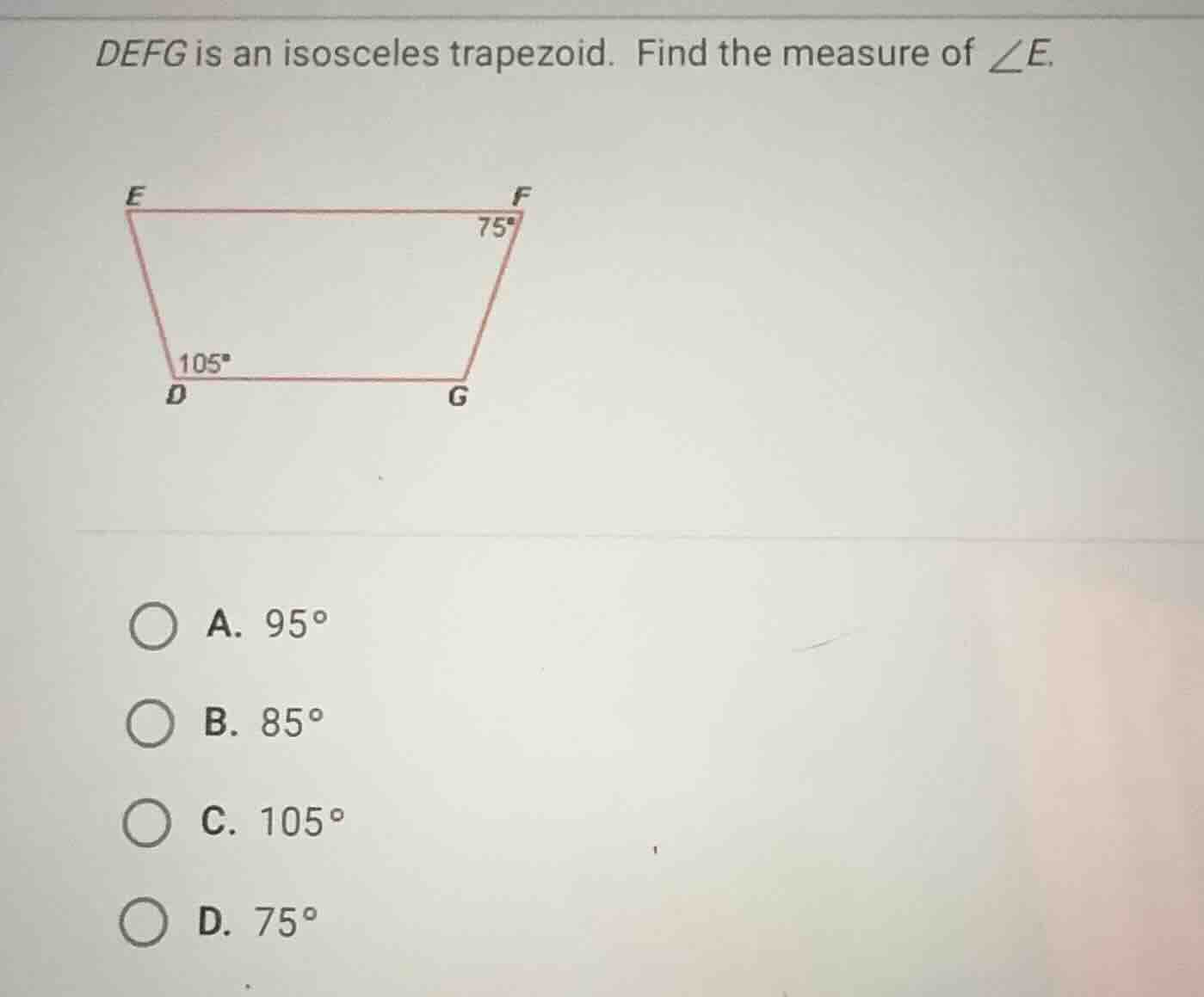 defg is an isosceles trapezoid. find the measure of \\(\\angle e\\). a.…