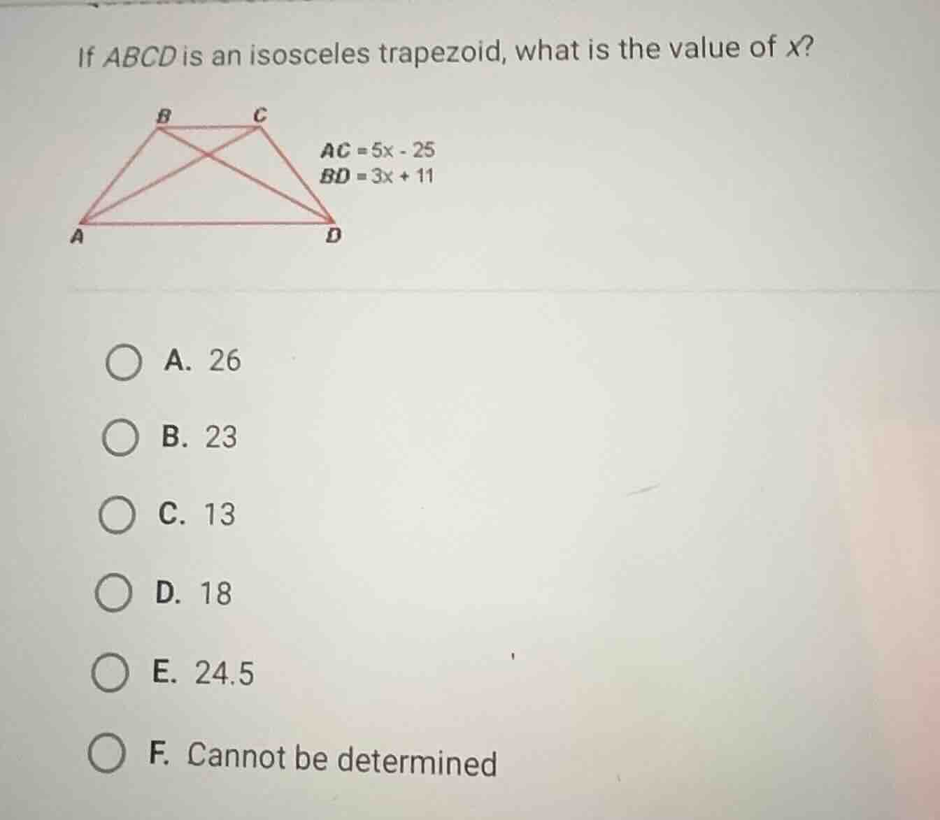 if (abcd) is an isosceles trapezoid, what is the value of (x)? (ac = 5x…