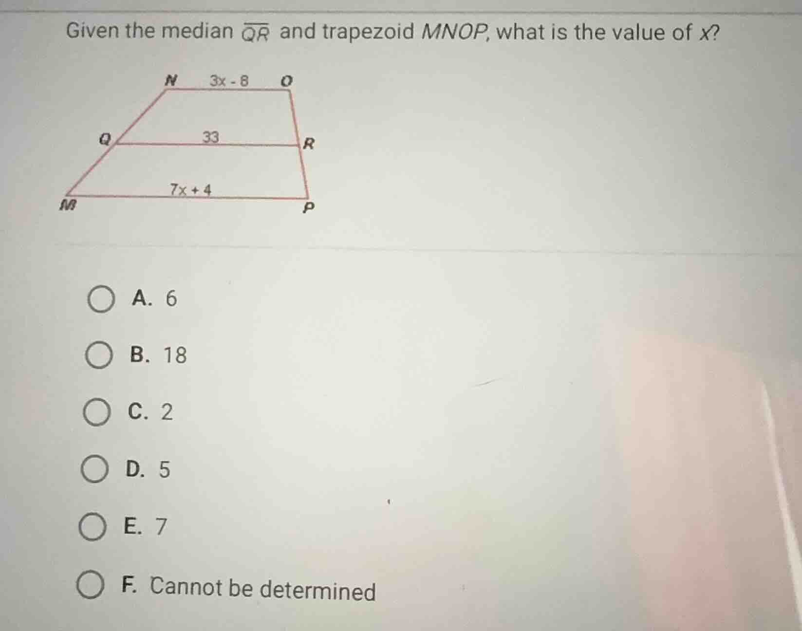 given the median \\(\\overline{qr}\\) and trapezoid \\(mnop\\), what is…