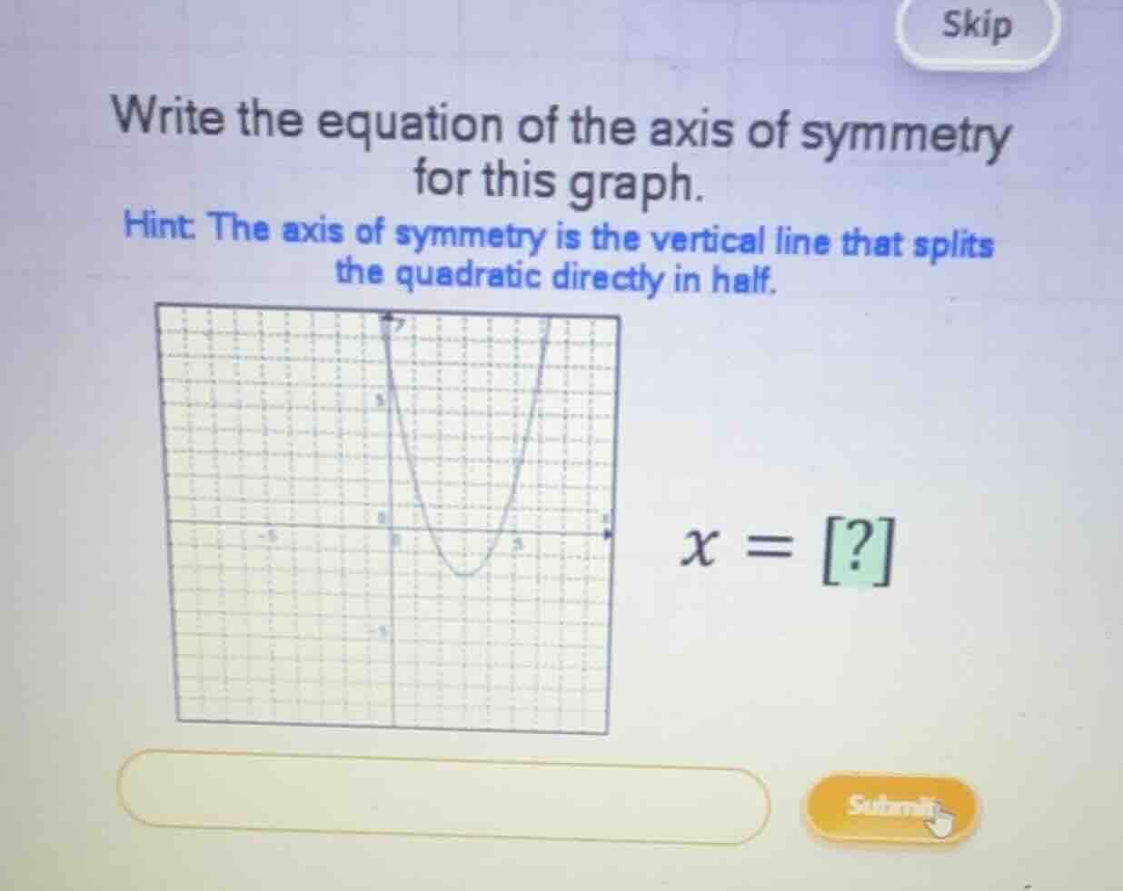 write the equation of the axis of symmetry for this graph. hint: the ax…