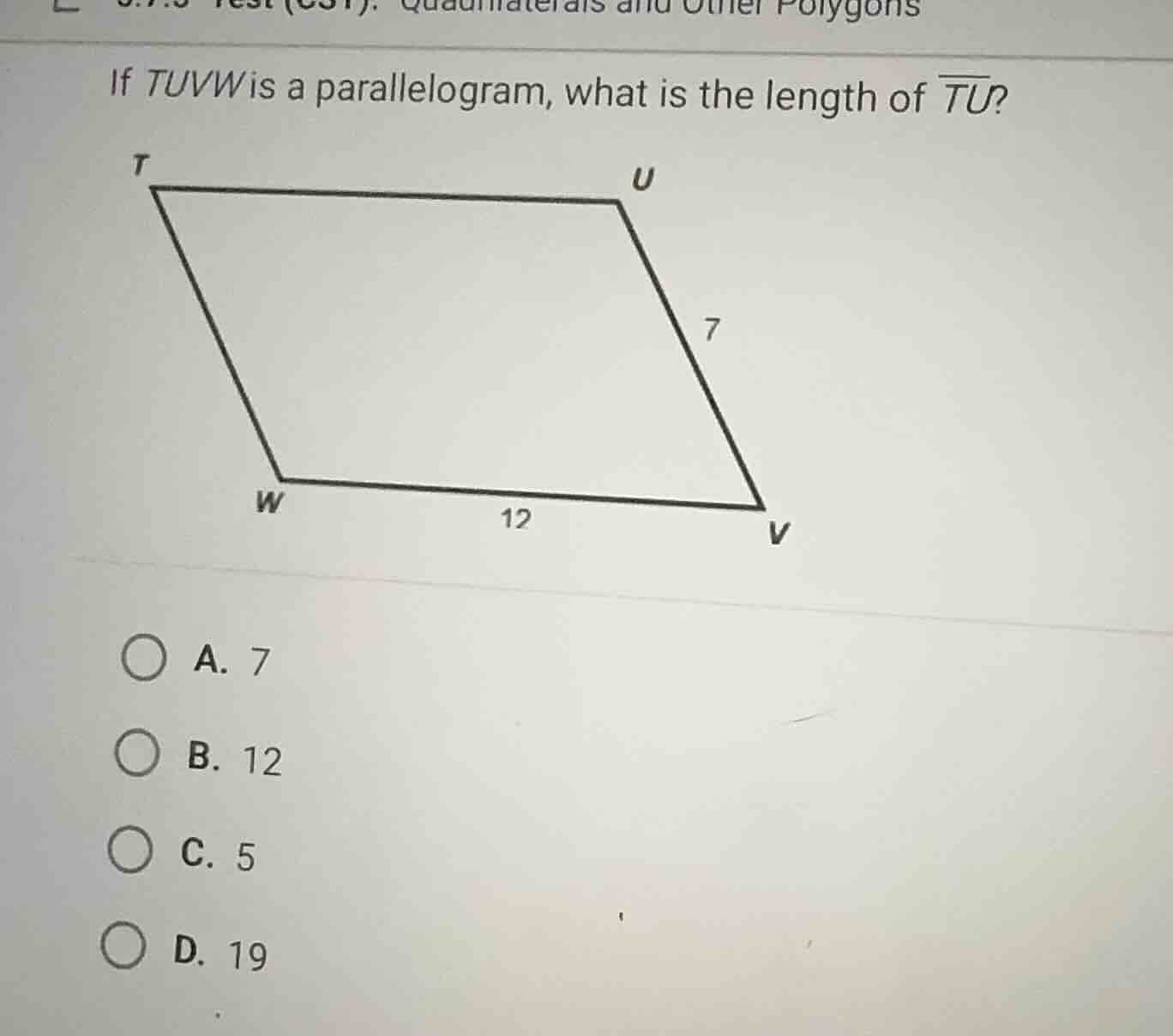 if \\(tuvw\\) is a parallelogram, what is the length of \\(\\overline{t…