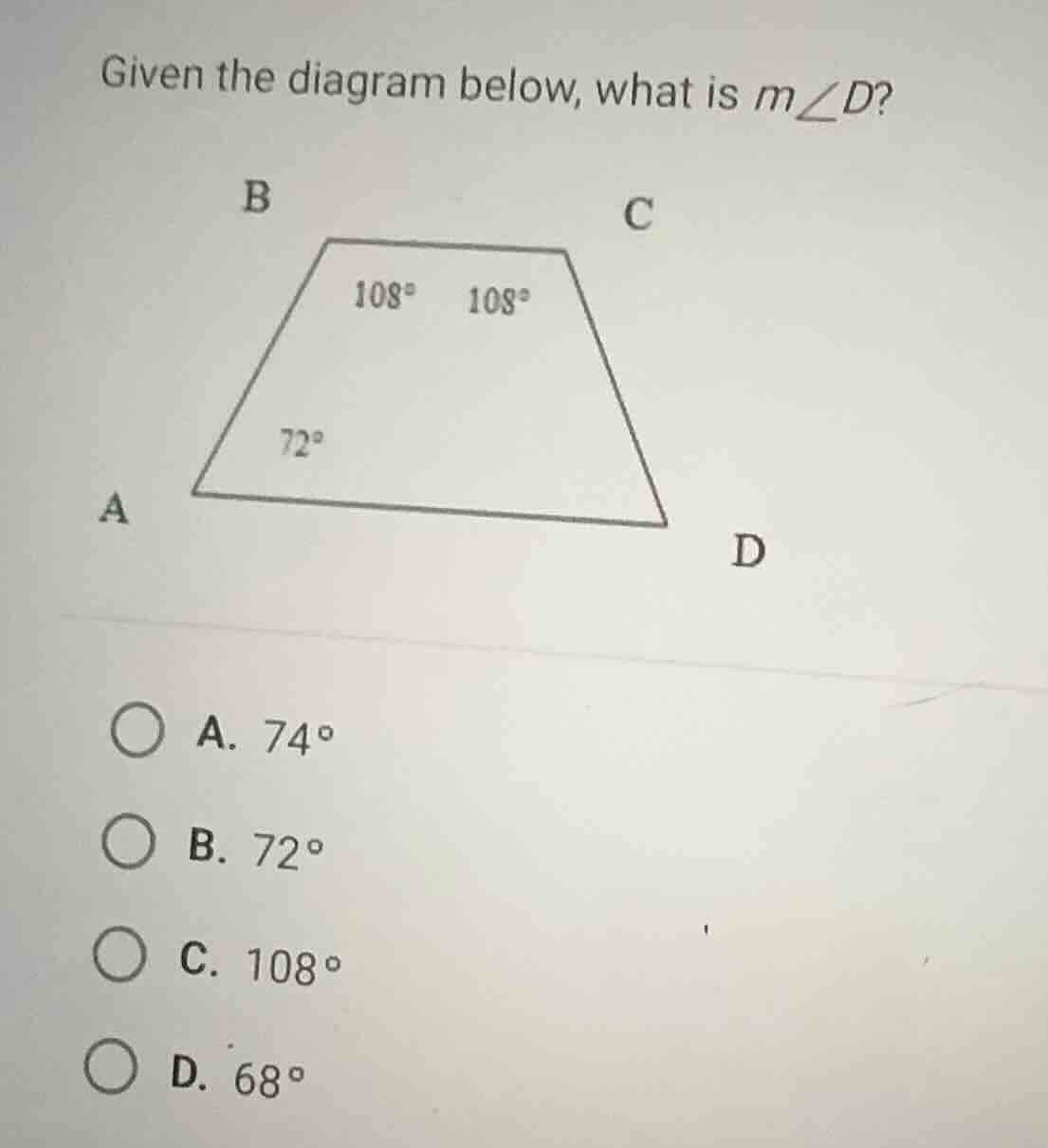 given the diagram below, what is \\(m\\angle d\\)? a. \\(74^\\circ\\) b…