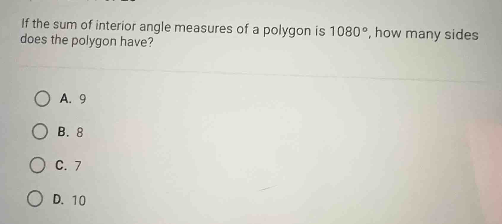 if the sum of interior angle measures of a polygon is 1080°, how many s…