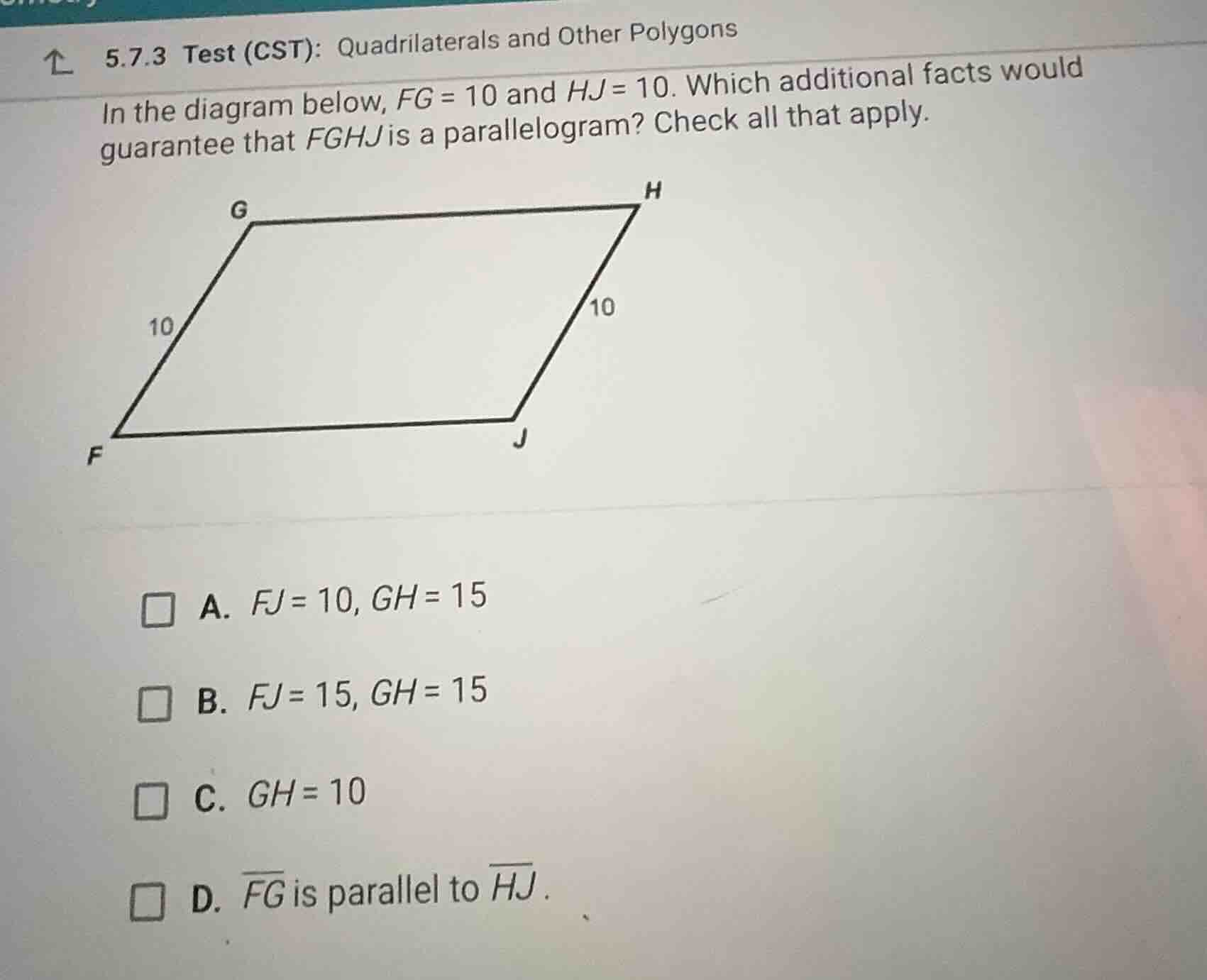 in the diagram below, \\(fg = 10\\) and \\(hj = 10\\). which additional…
