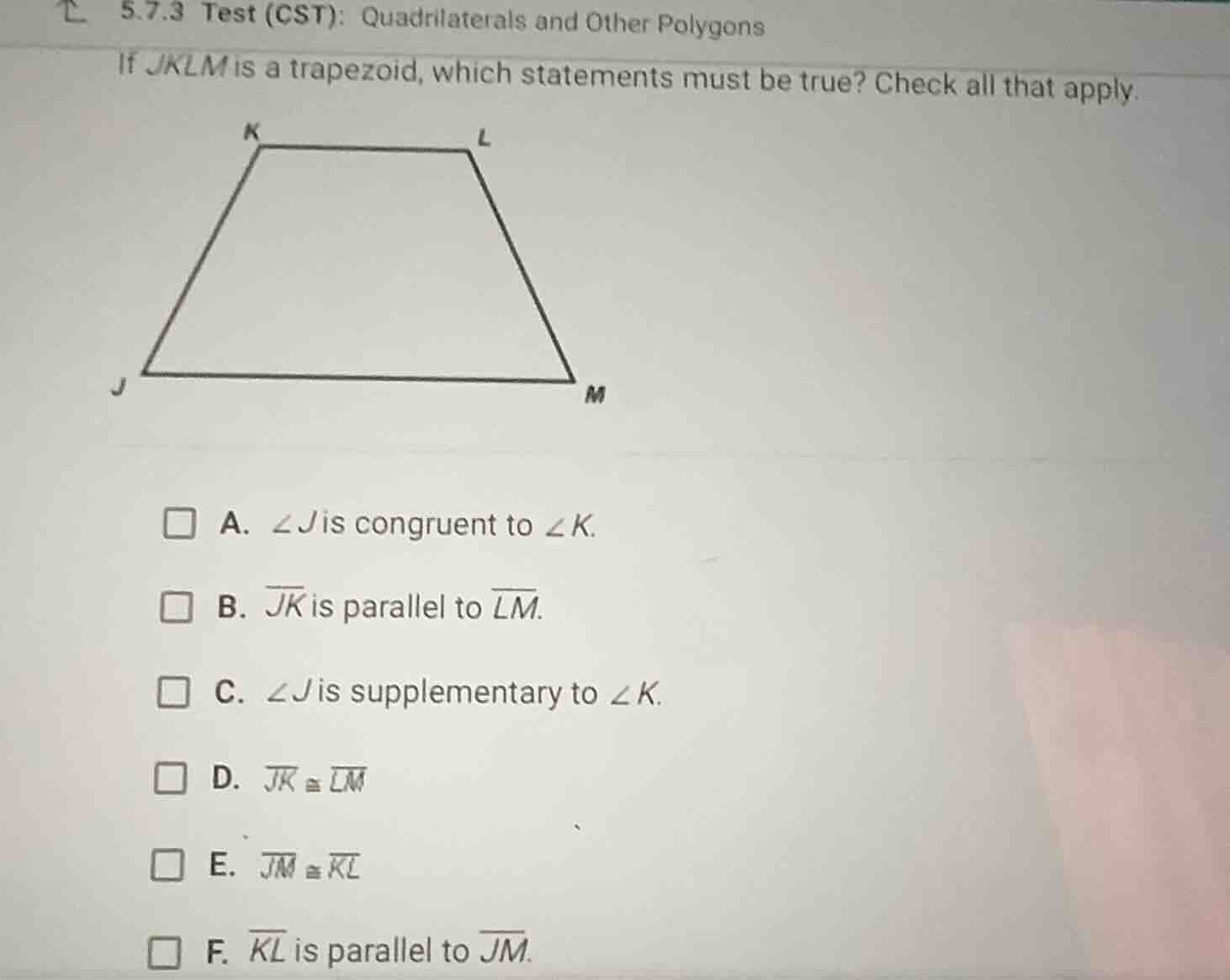 if \\(jklm\\) is a trapezoid, which statements must be true? check all …