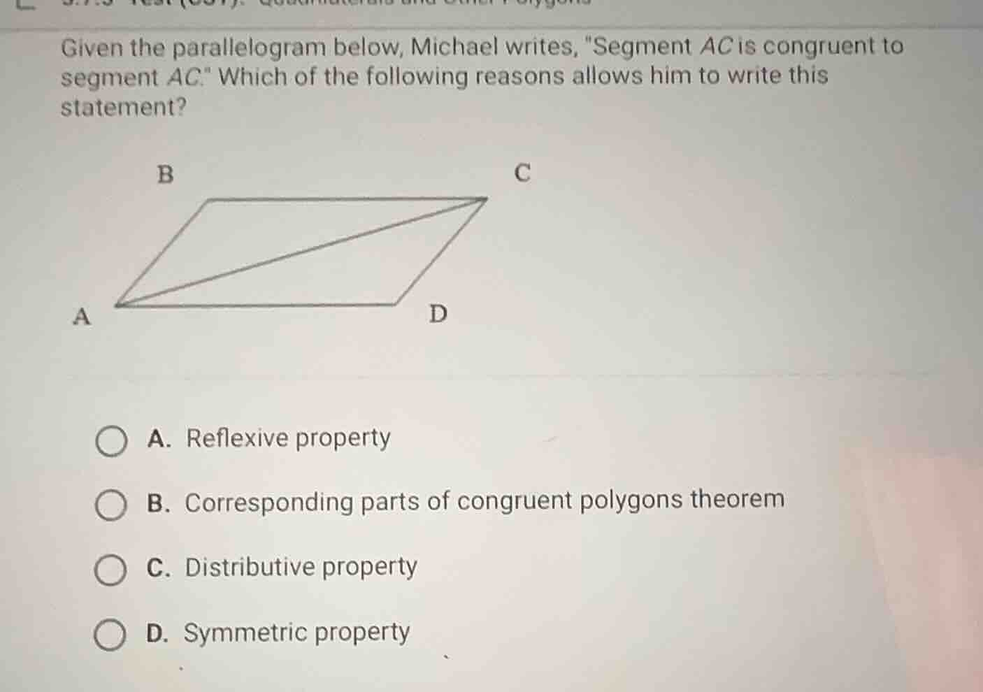 given the parallelogram below, michael writes, \segment \\(ac\\) is con…