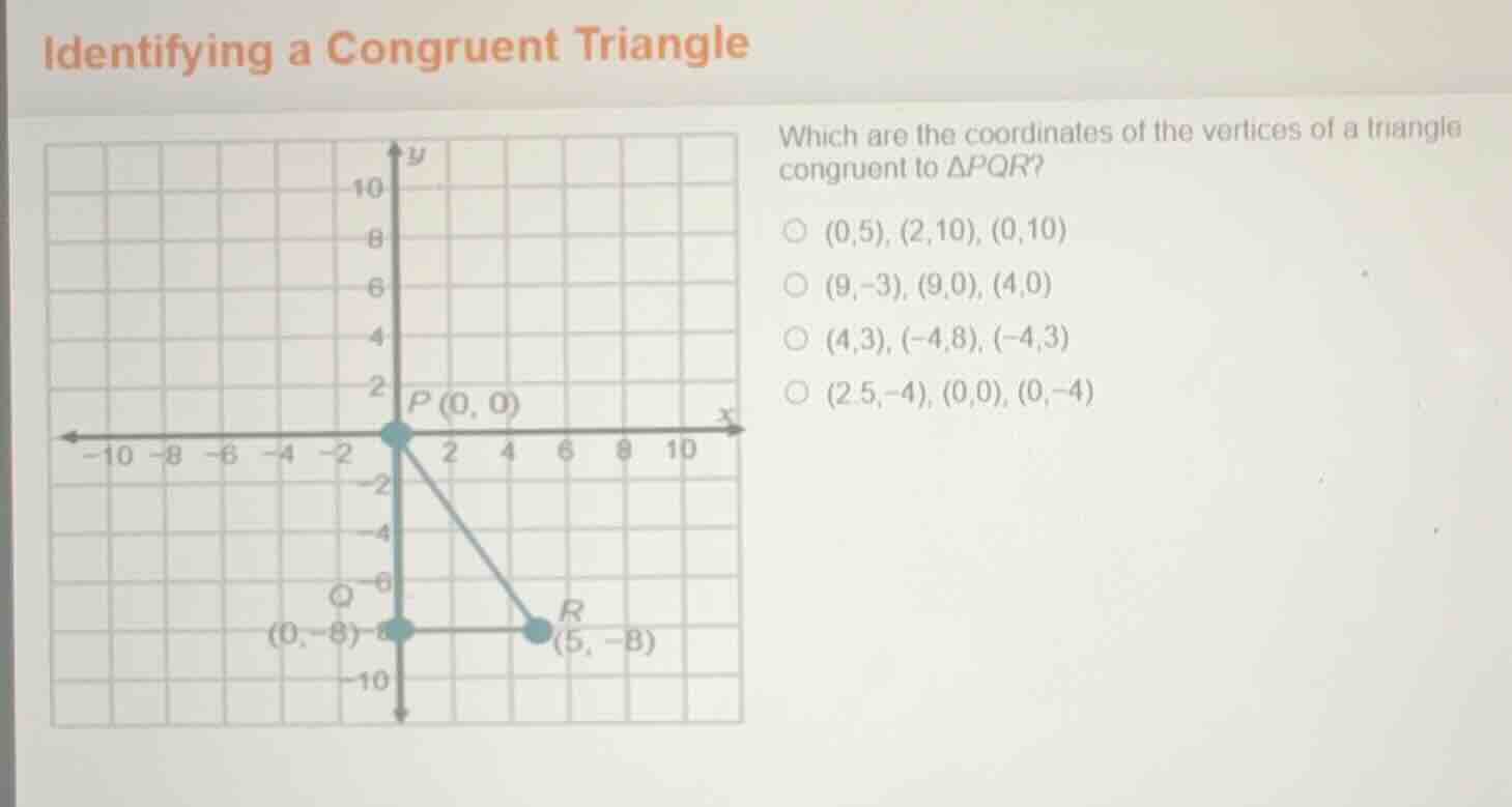 identifying a congruent triangle which are the coordinates of the verti…