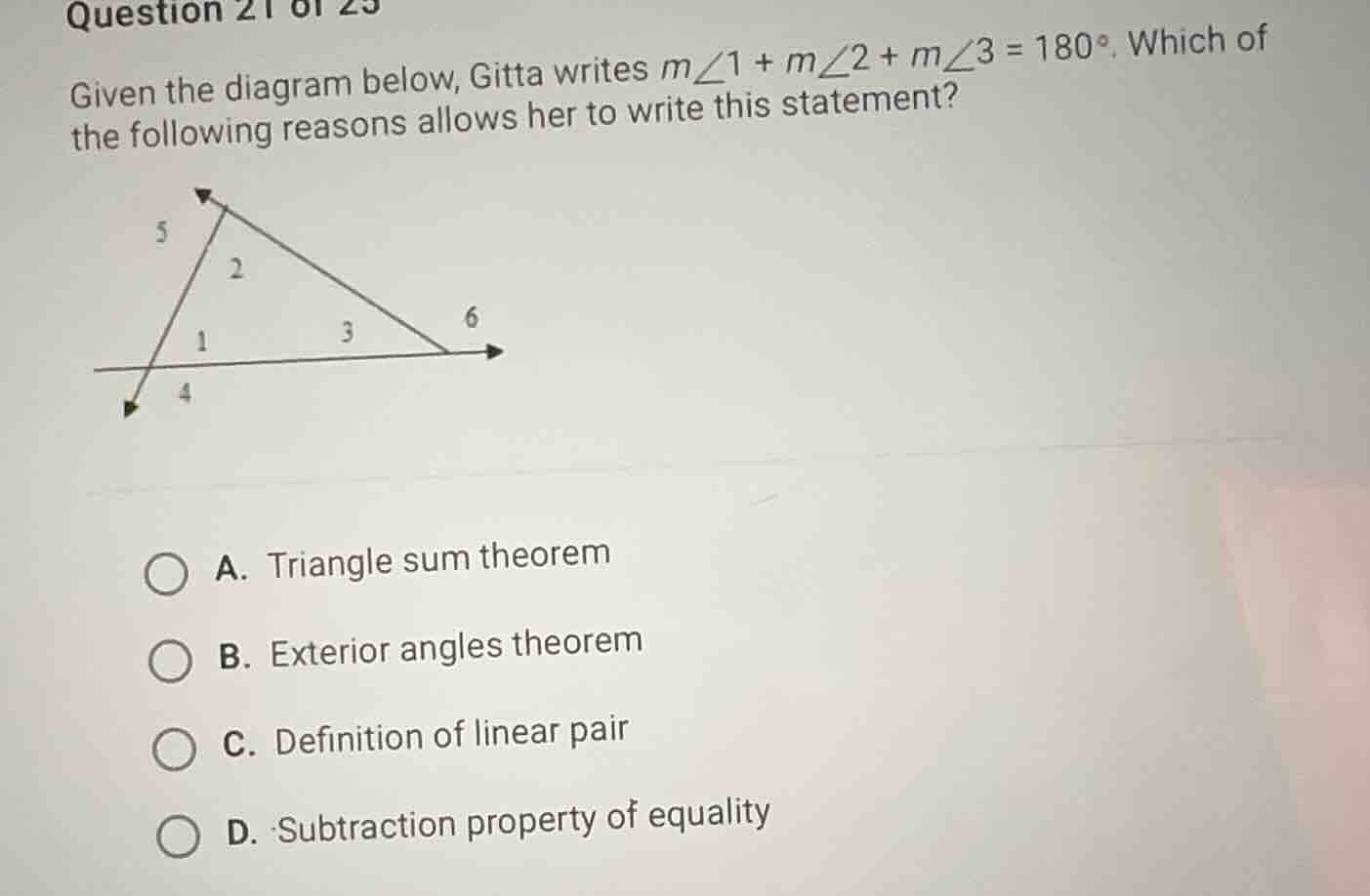 given the diagram below, gitta writes \\(m\\angle 1 + m\\angle 2 + m\\a…