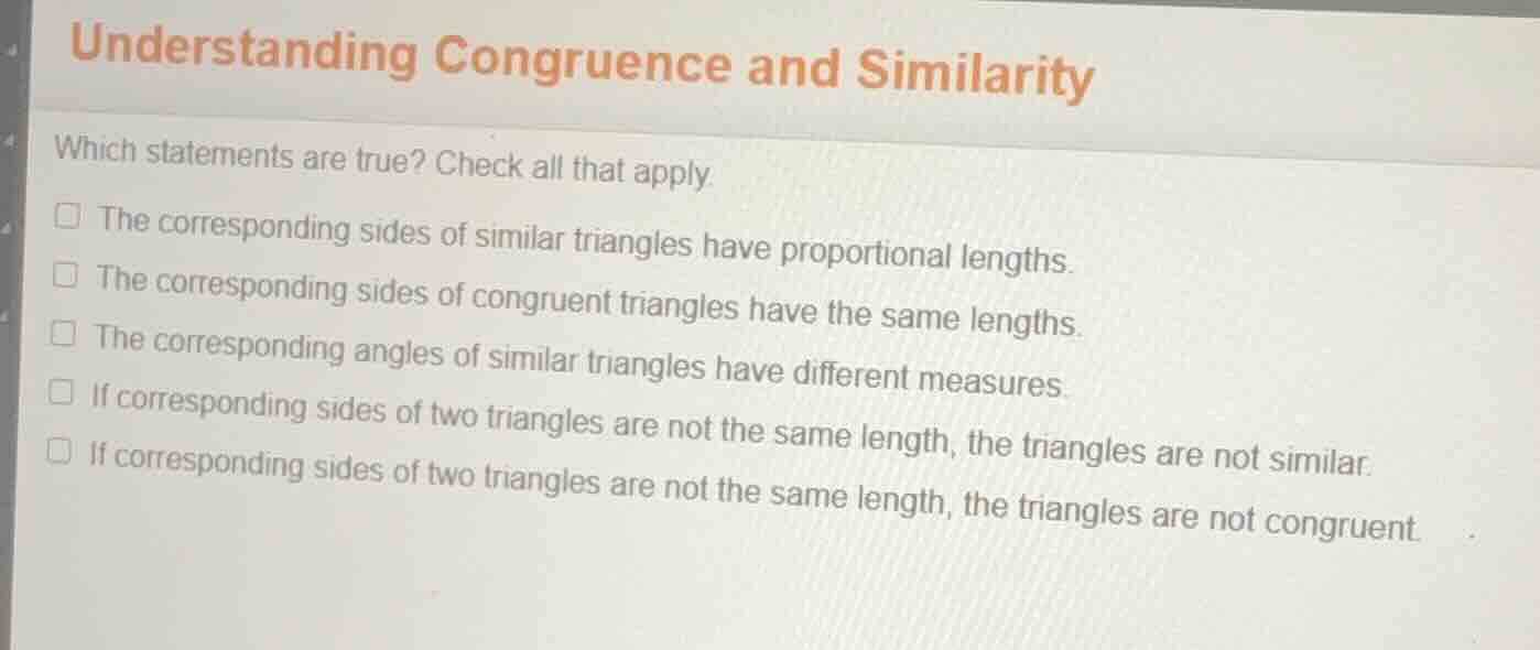 understanding congruence and similarity which statements are true? chec…