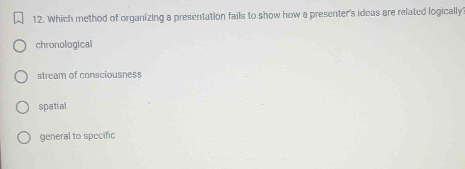 12. which method of organizing a presentation fails to show how a prese…