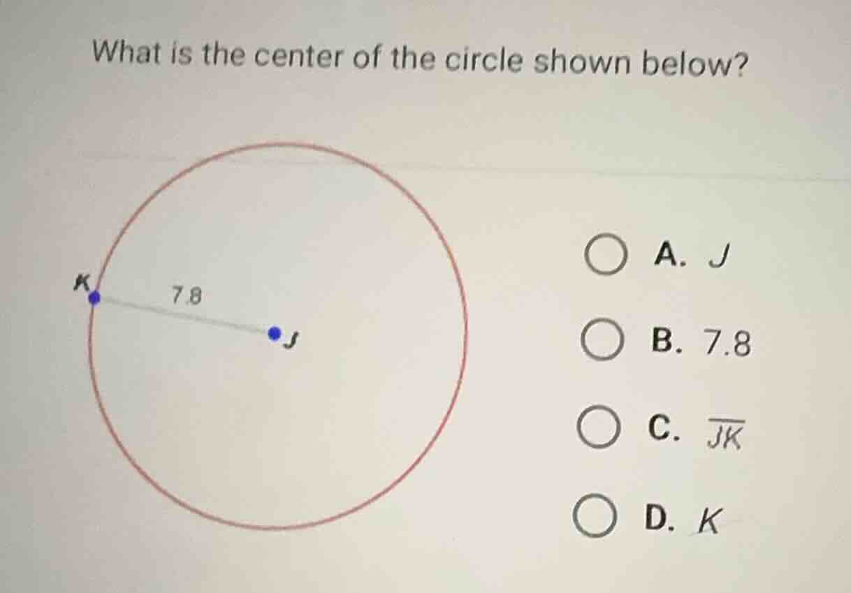 what is the center of the circle shown below? a. j b. 7.8 c. \\overline…