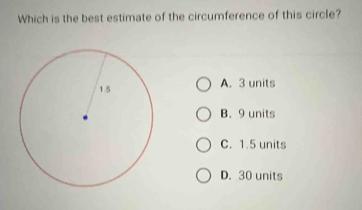 which is the best estimate of the circumference of this circle? a. 3 un…