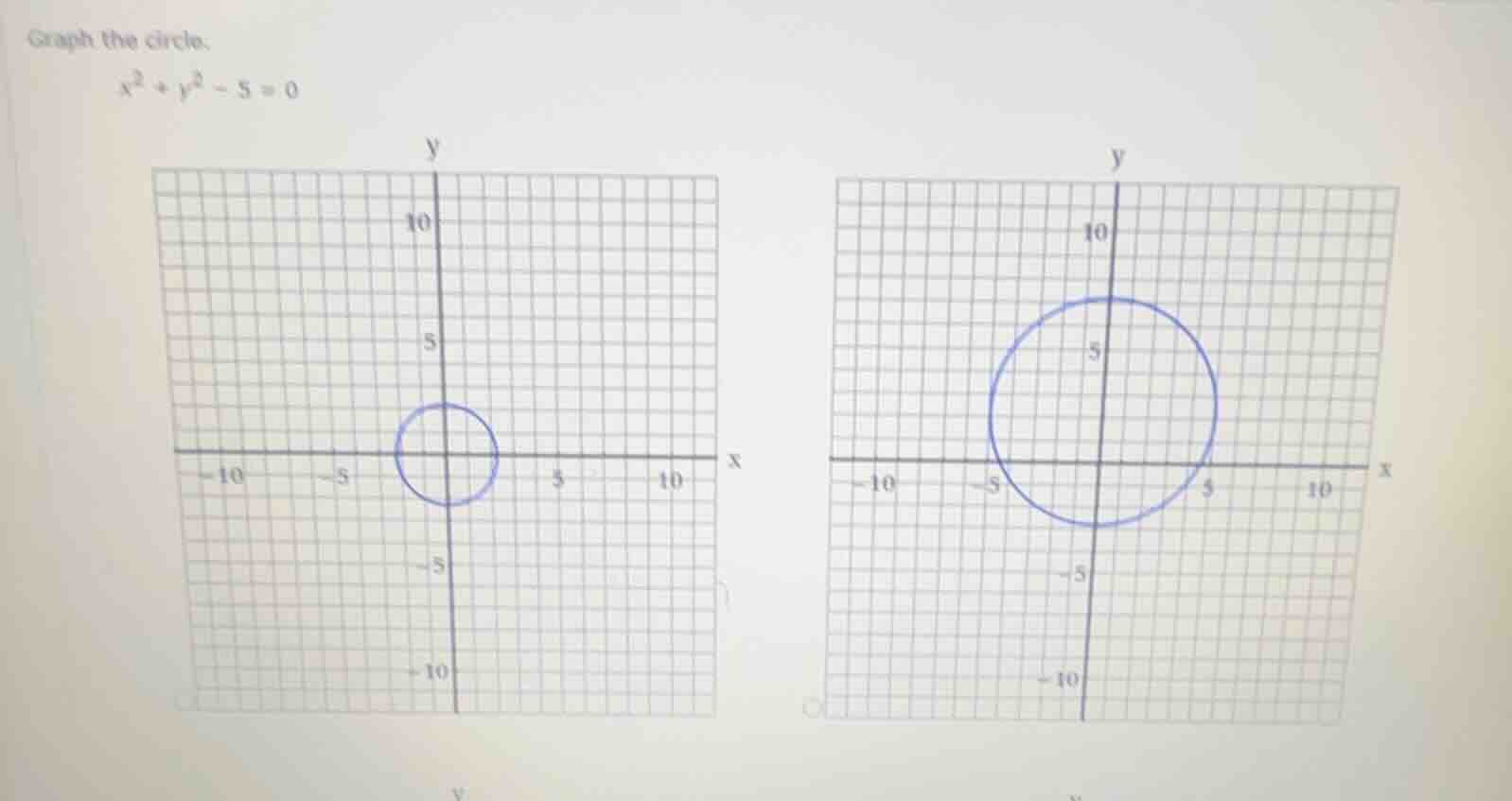 graph the circle. \\x^2 + y^2 - 5 = 0\\
