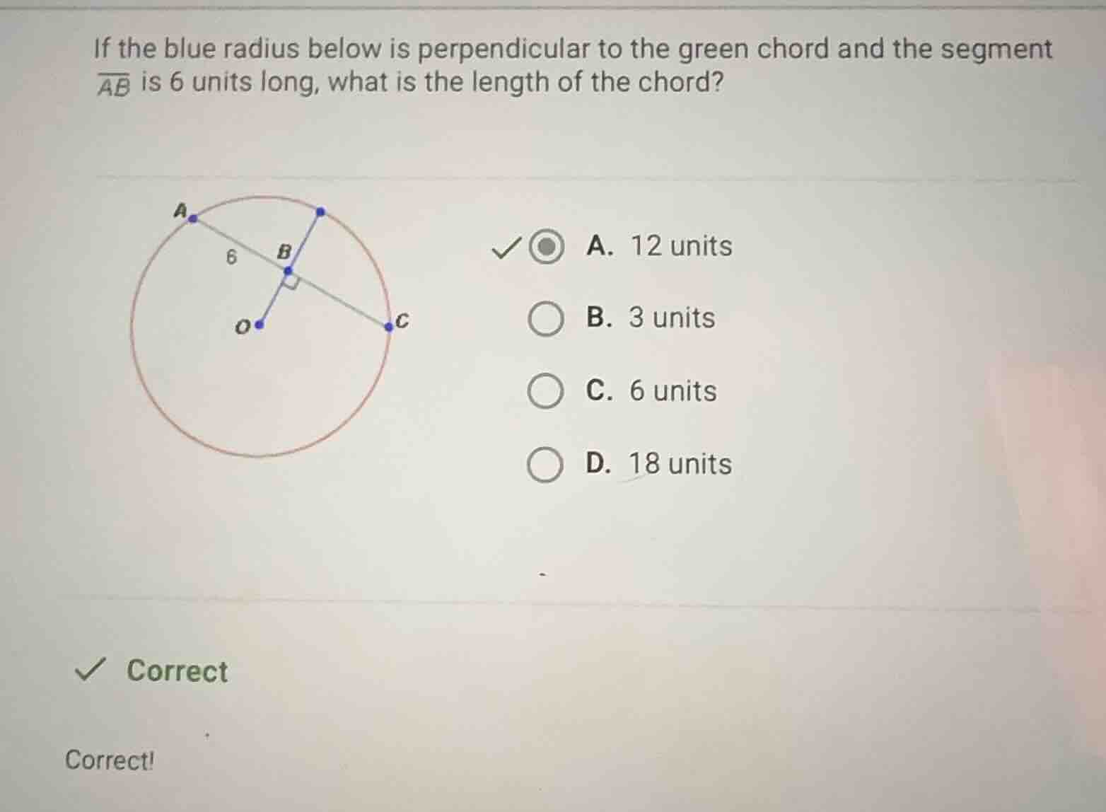 if the blue radius below is perpendicular to the green chord and the se…