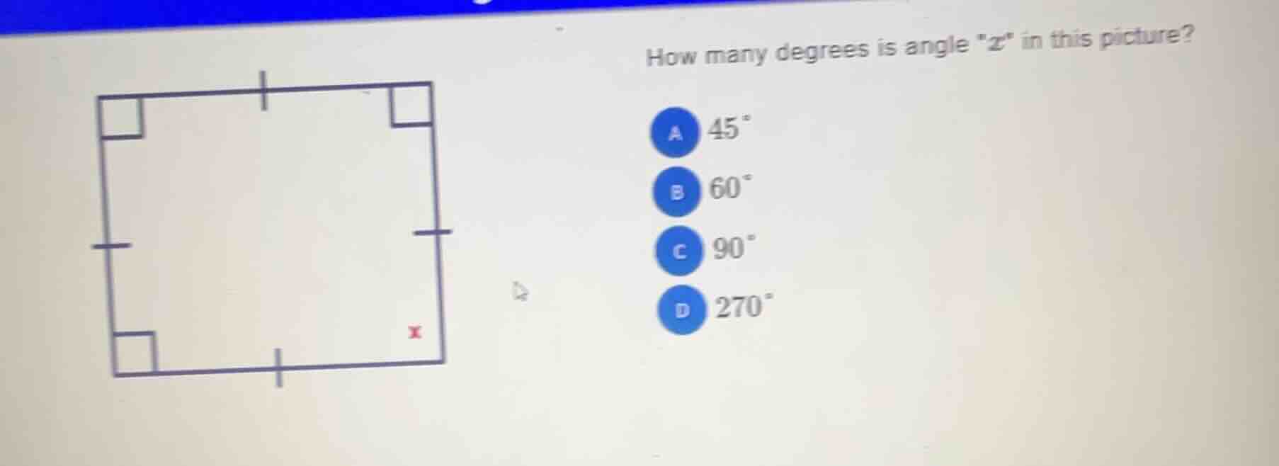 how many degrees is angle \x\ in this picture? a 45^{\\circ} b 60^{\\ci…