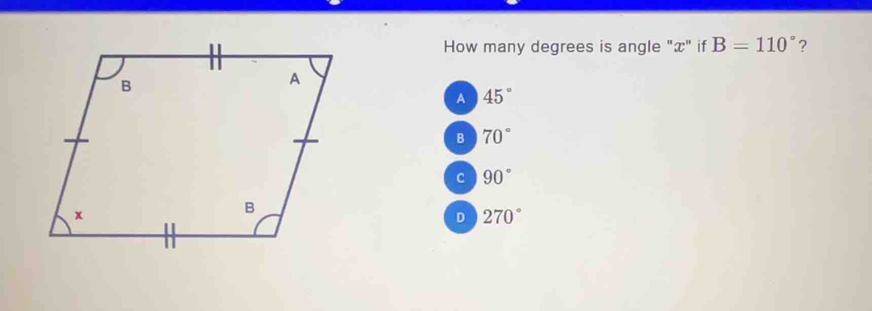 how many degrees is angle \x\ if \\(b = 110^{\\circ}\\)? a \\(45^{\\cir…