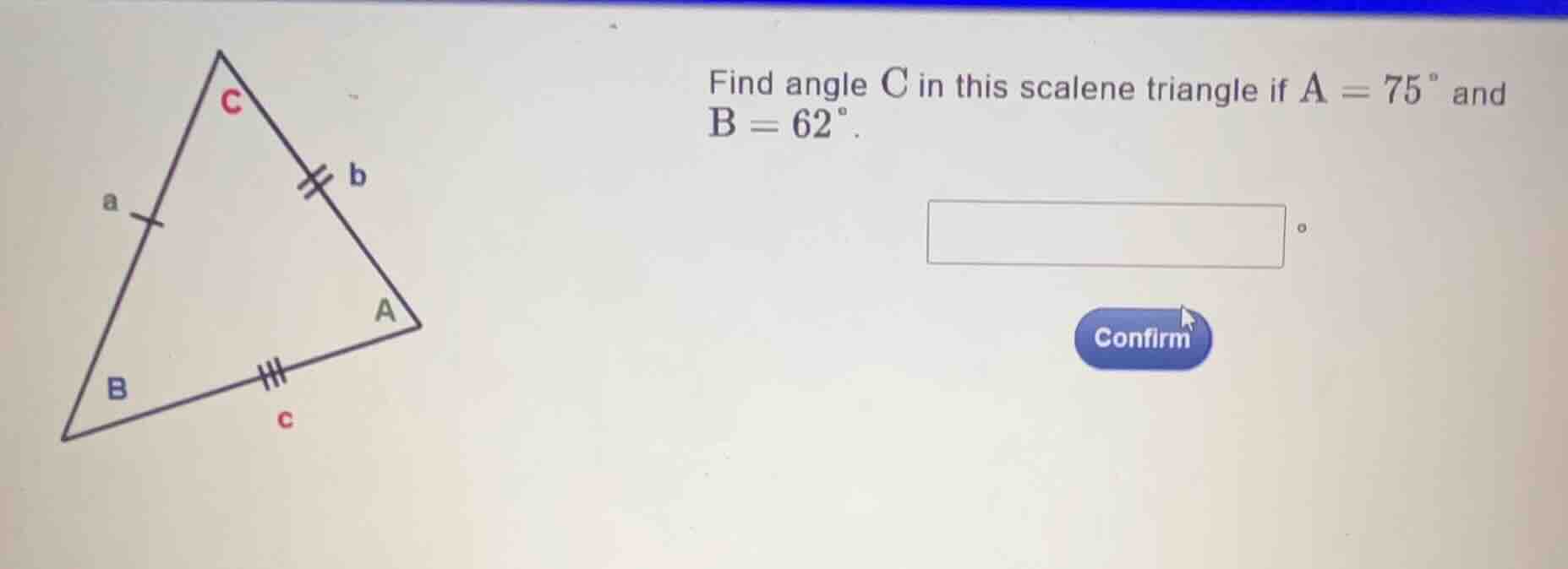 find angle \\(c\\) in this scalene triangle if \\(a = 75^{\\circ}\\) an…