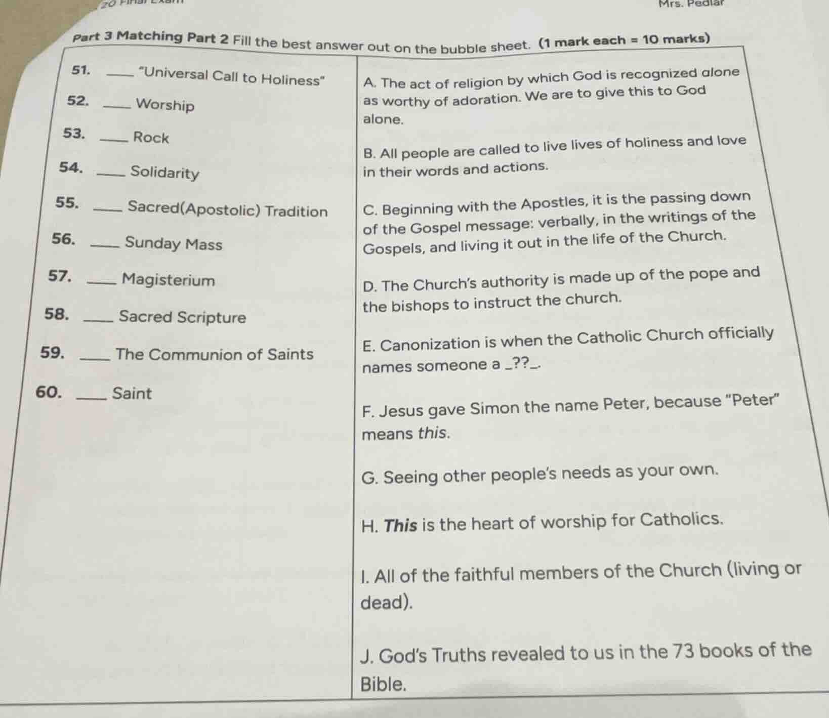 part 3 matching part 2 fill the best answer out on the bubble sheet. (1…