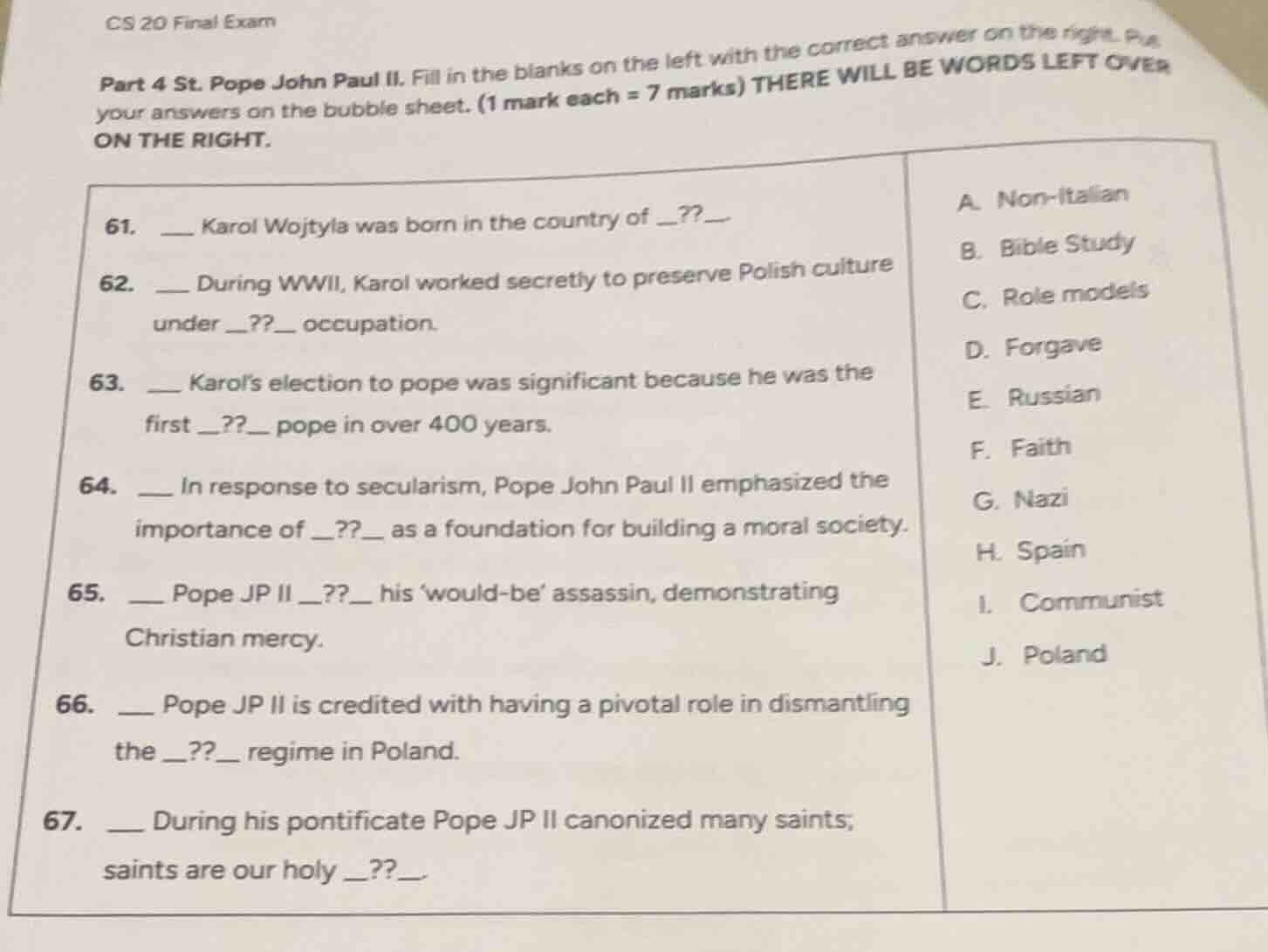 cs 20 final exam part 4 st. pope john paul ii. fill in the blanks on th…