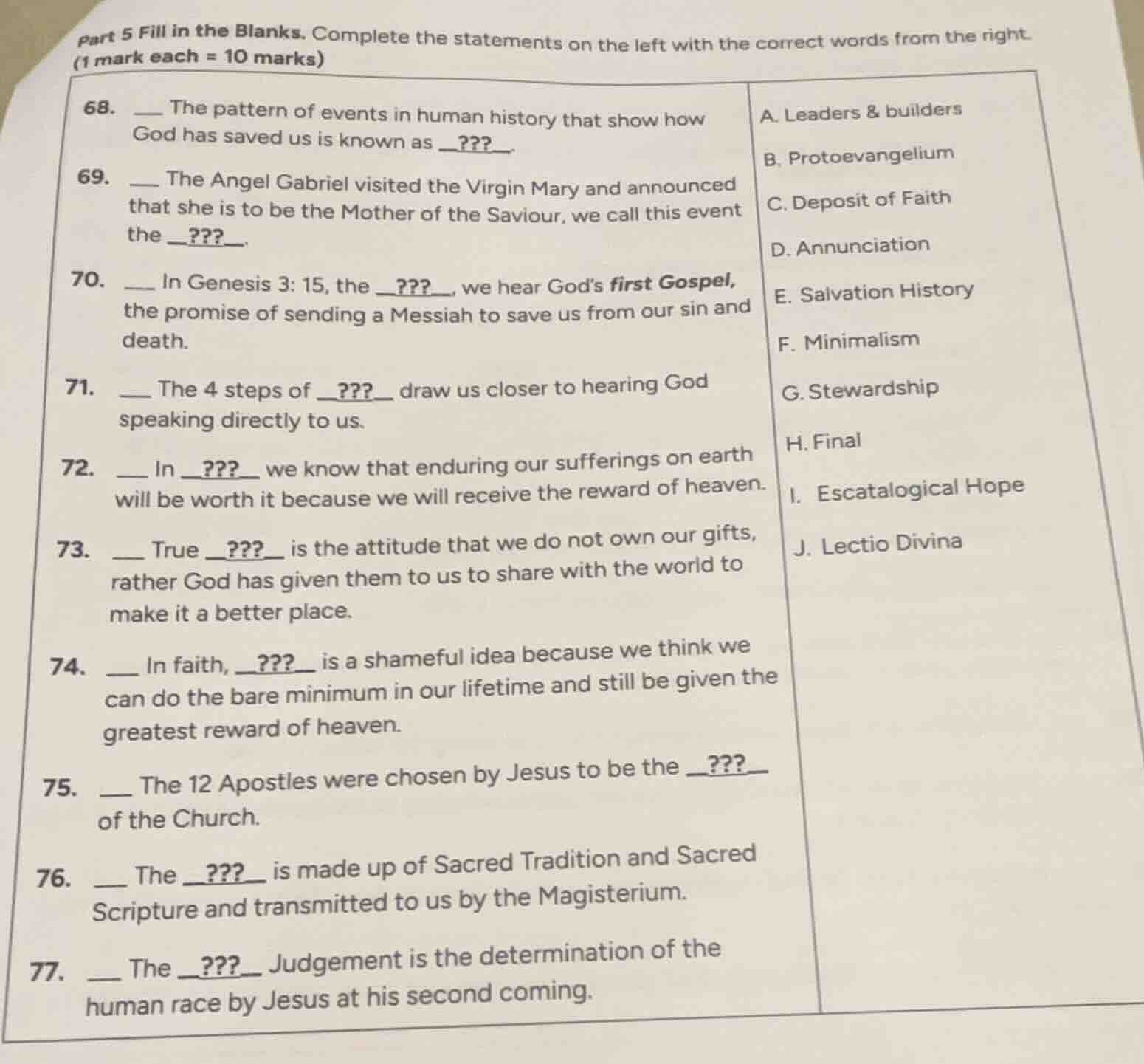 part 5 fill in the blanks. complete the statements on the left with the…