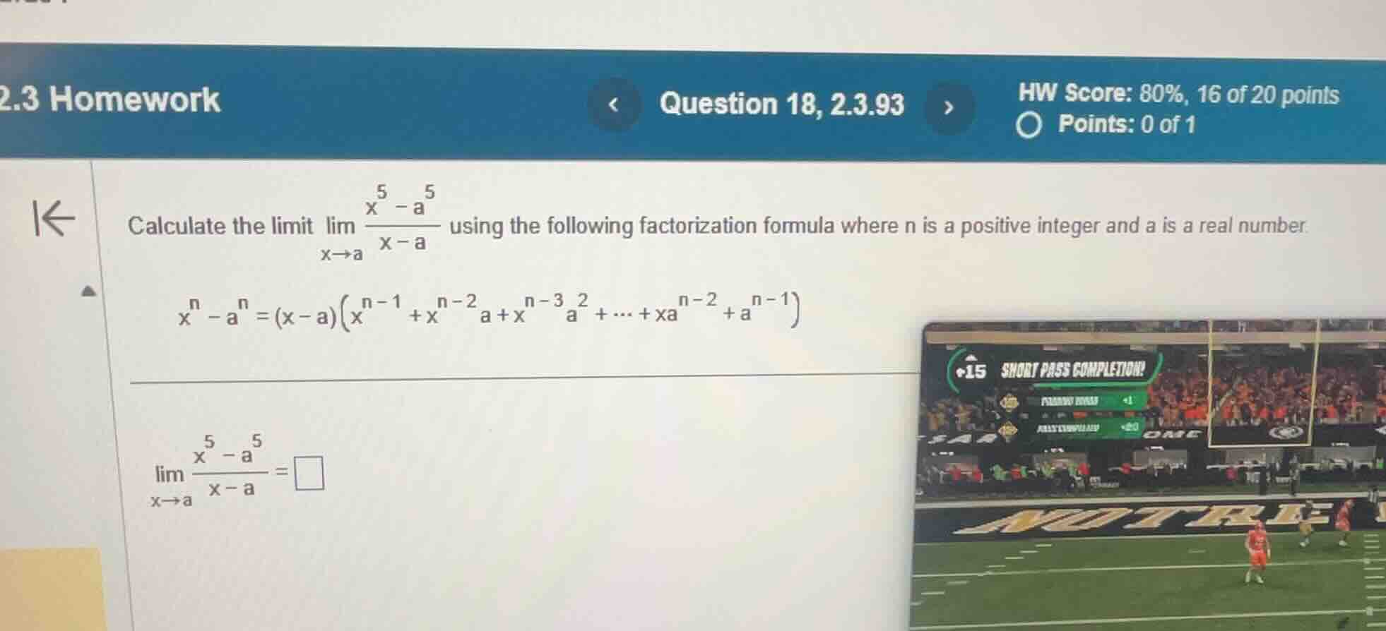 calculate the limit \\(\\lim_{x \\to a} \\frac{x^5 - a^5}{x - a}\\) usi…