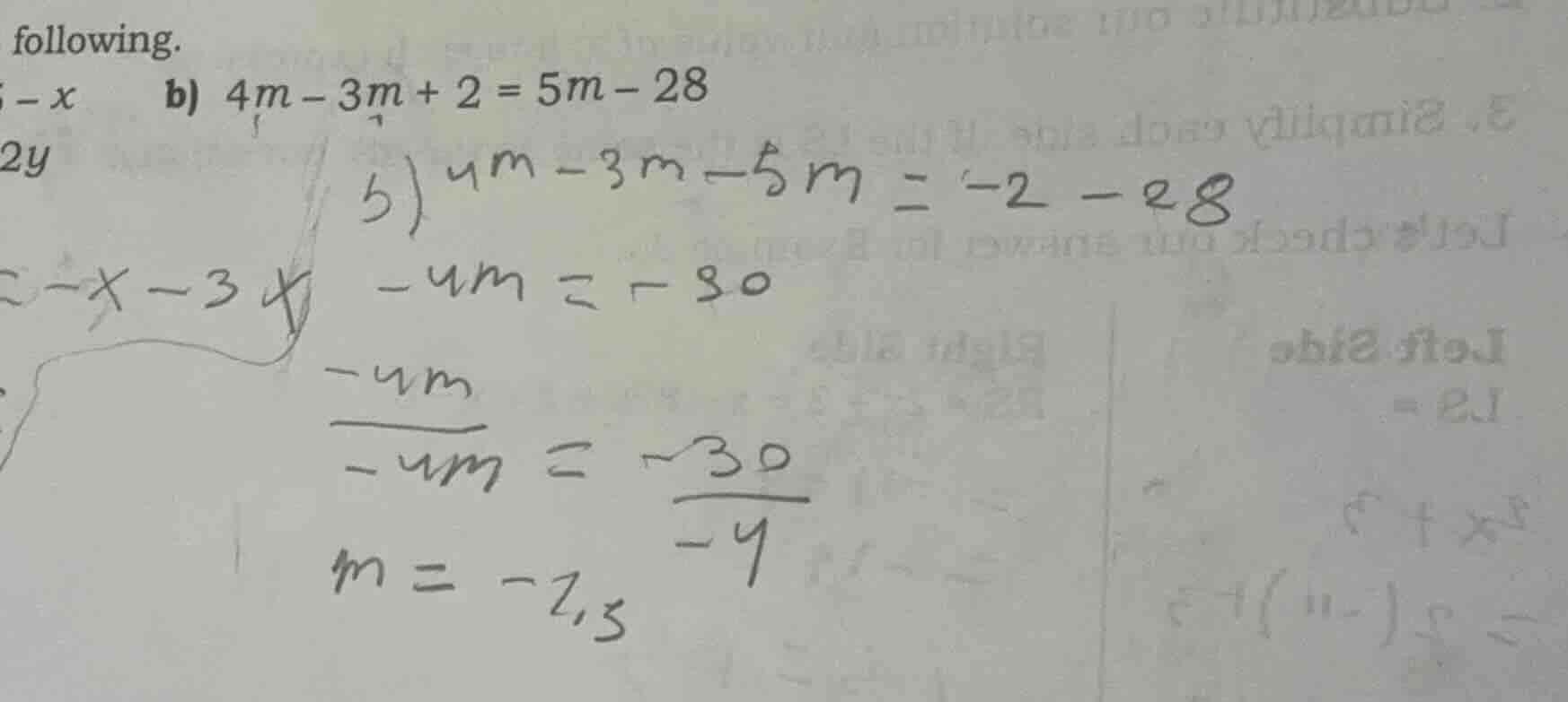 following. b) \\(4m - 3m + 2 = 5m - 28\\)