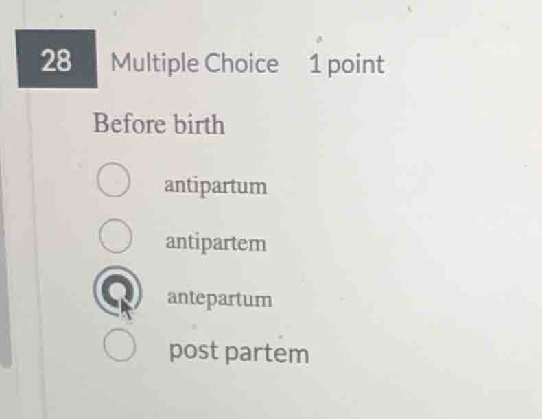 28 multiple choice 1 point before birth antipartum antipartem antepartu…