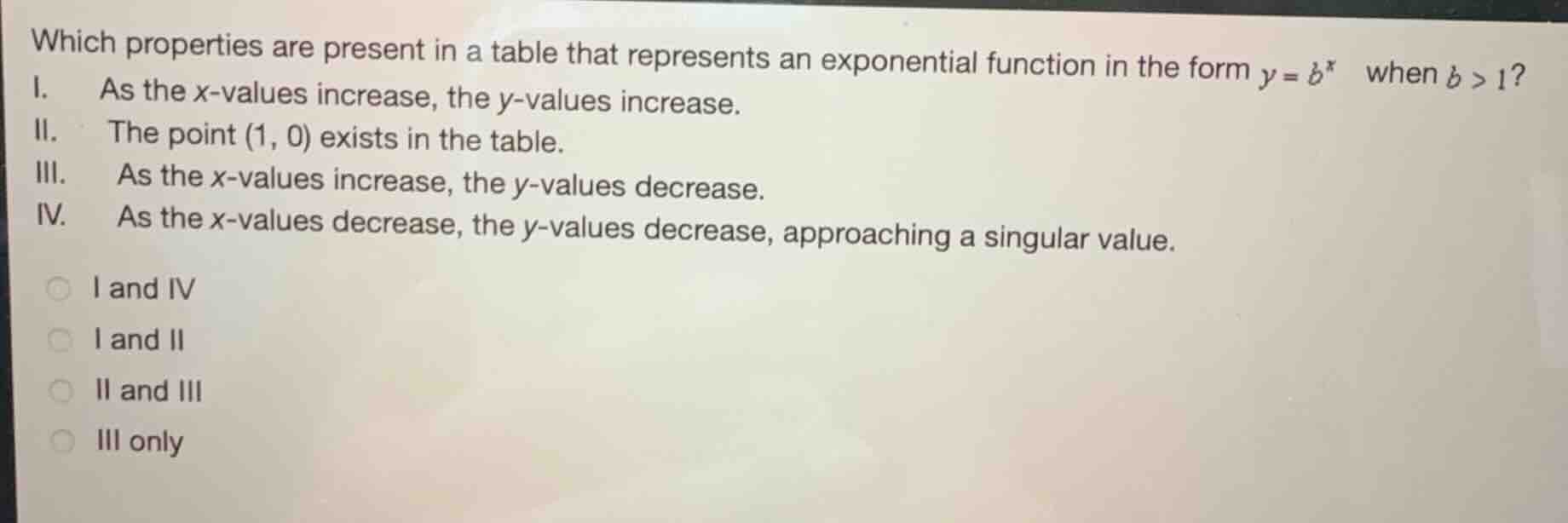 which properties are present in a table that represents an exponential …