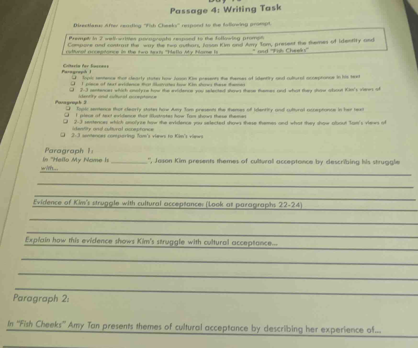 passage 4: writing task directions: after reading \fish cheeks\ respond…