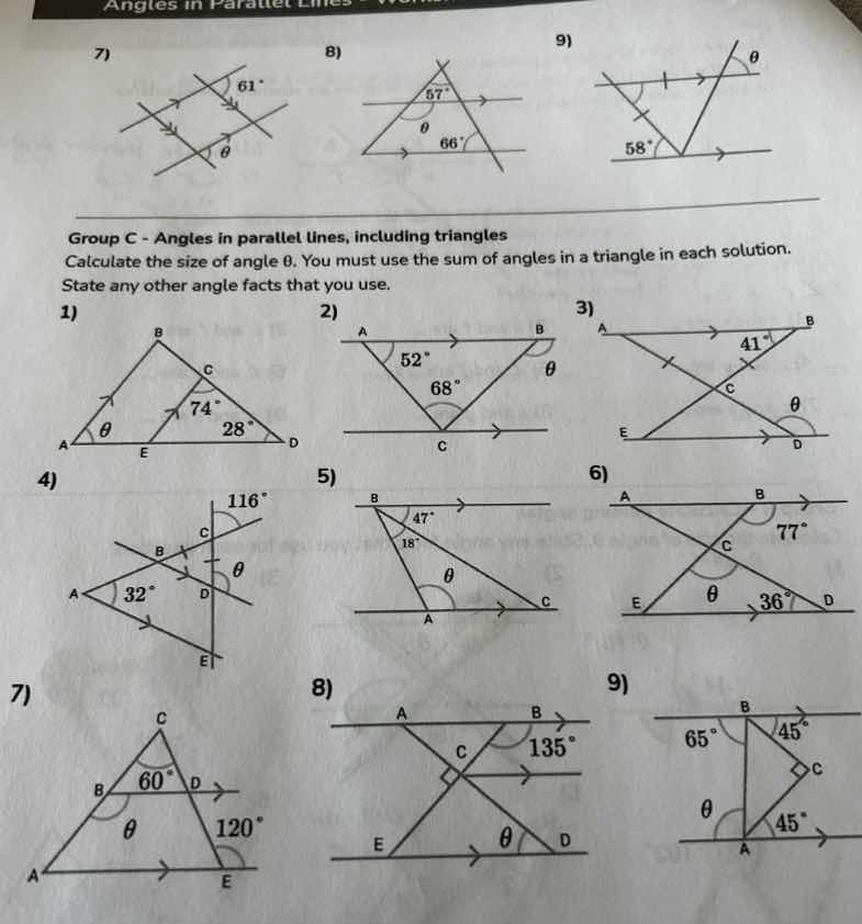group c - angles in parallel lines, including triangles calculate the s…