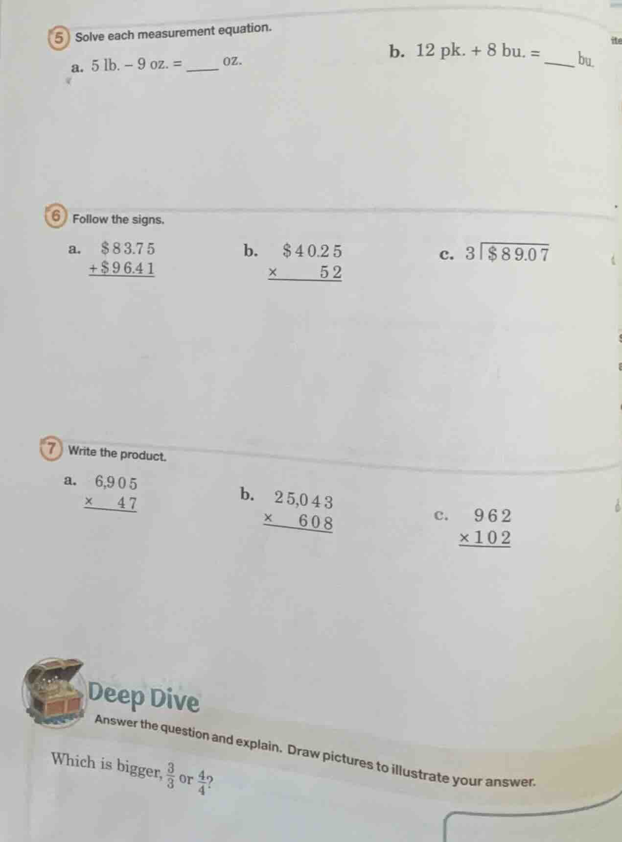 5 solve each measurement equation. a. \\(5\\text{ lb.} - 9\\text{ oz.} …