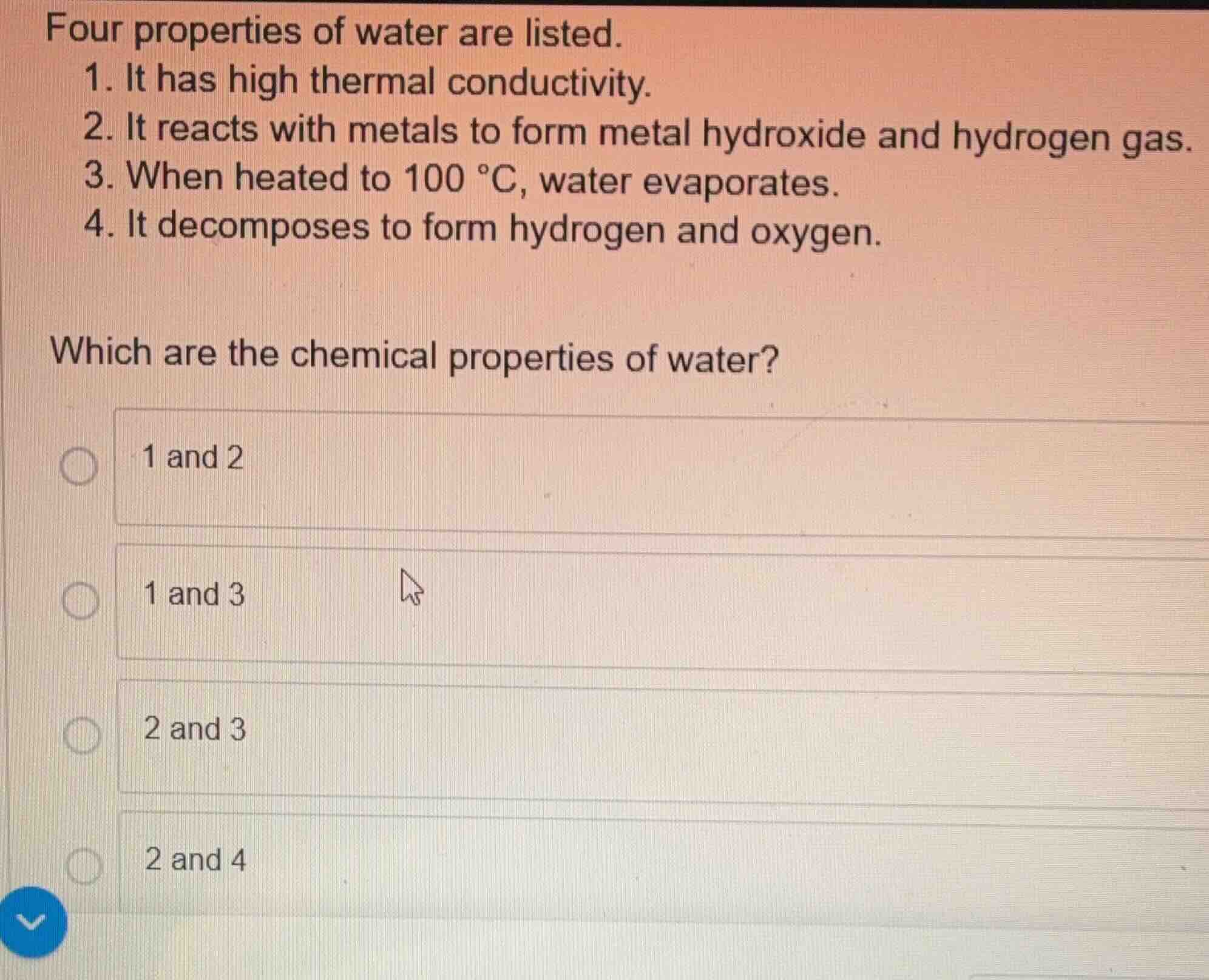 four properties of water are listed. 1. it has high thermal conductivit…