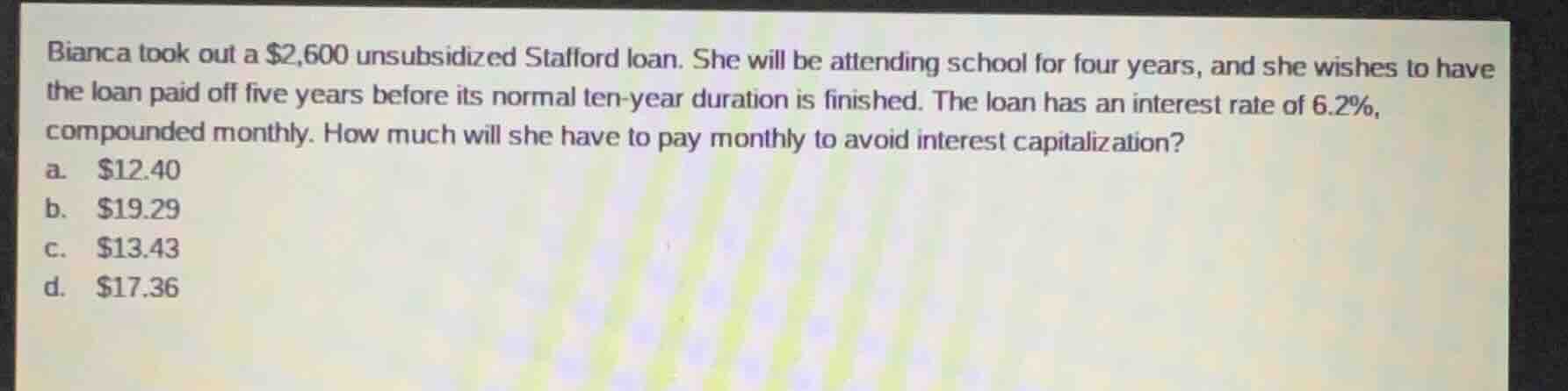 bianca took out a \\$2,600 unsubsidized stafford loan. she will be atte…