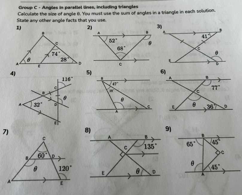 group c - angles in parallel lines, including triangles calculate the s…